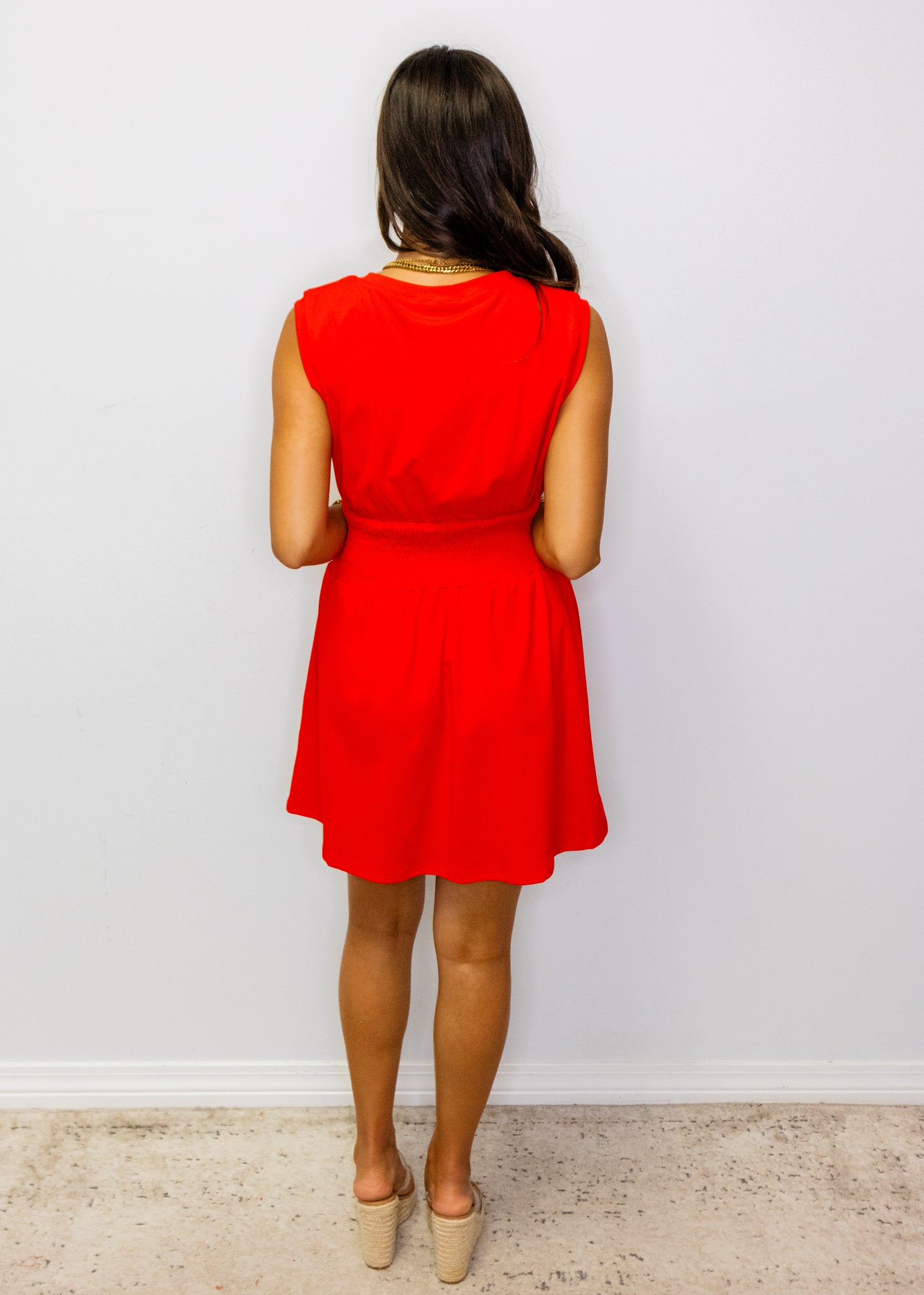 Red Smocked Waist Sleeveless Dress