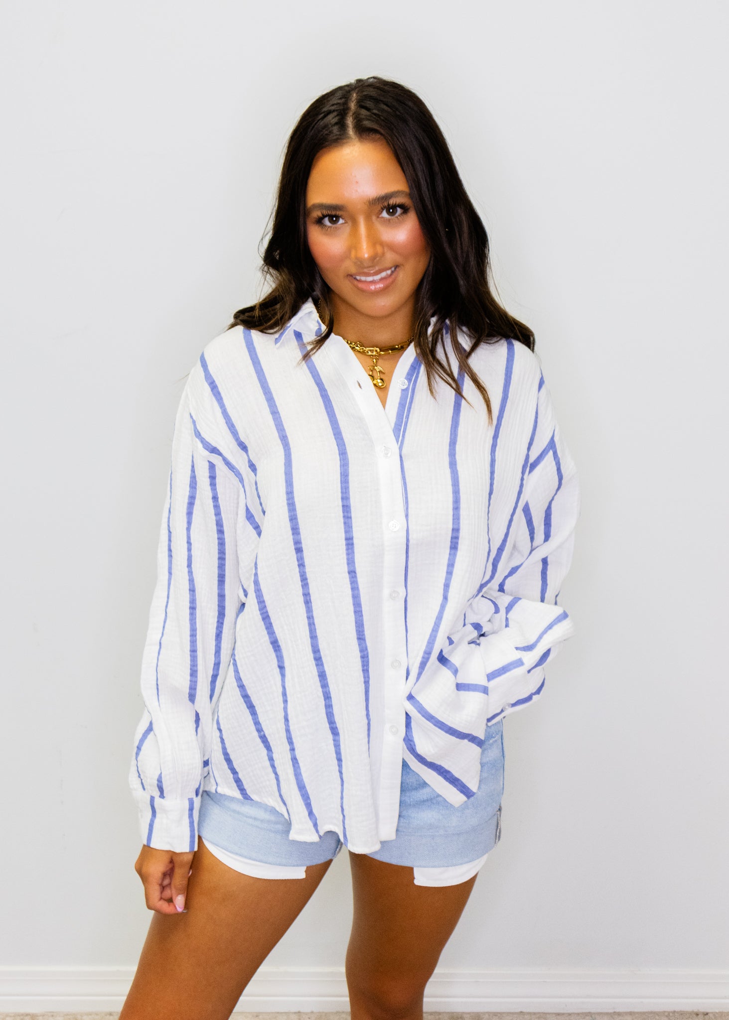Blue & White Stripe Button Gauze Top