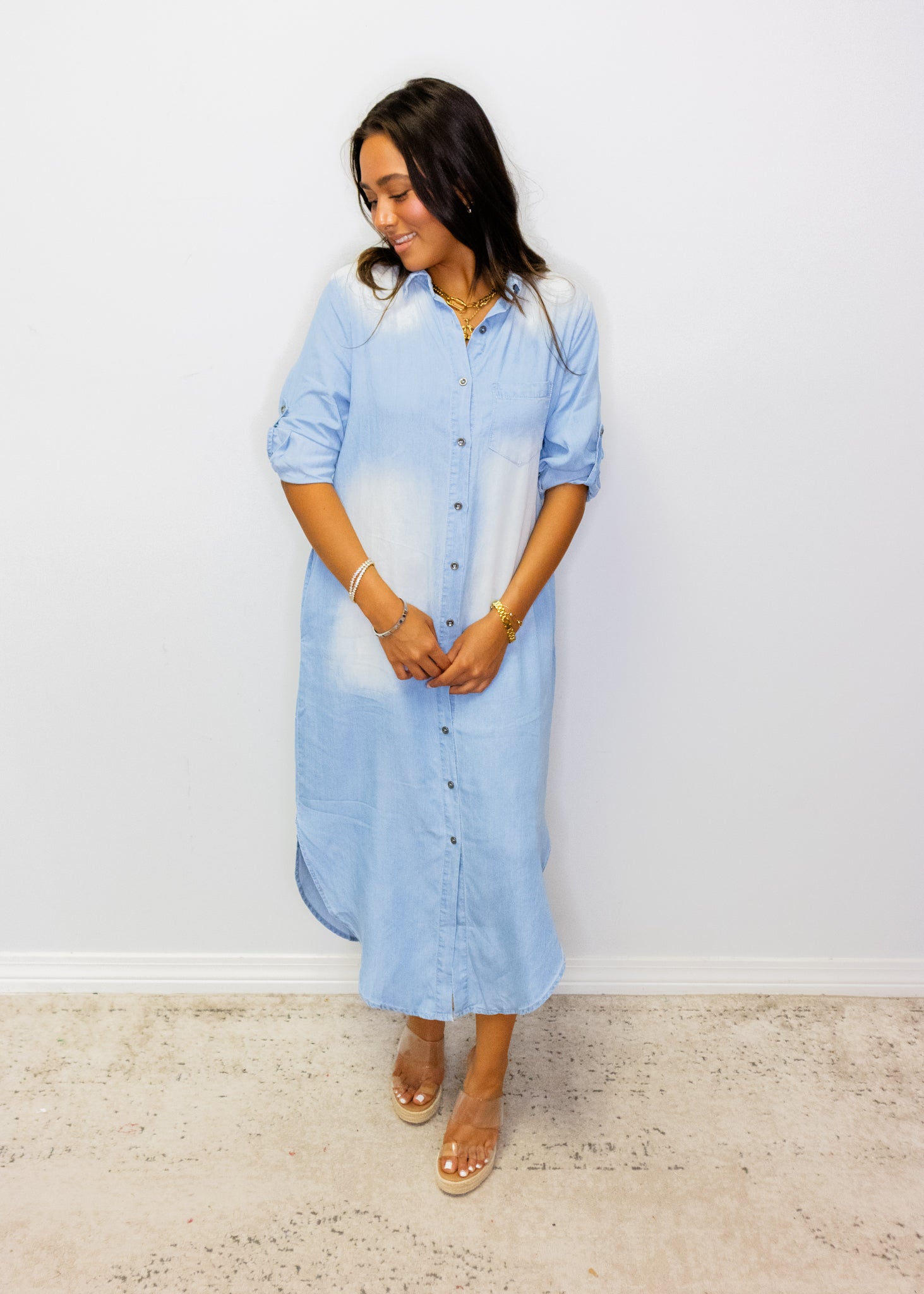 Light Denim Button-Up Midi Dress