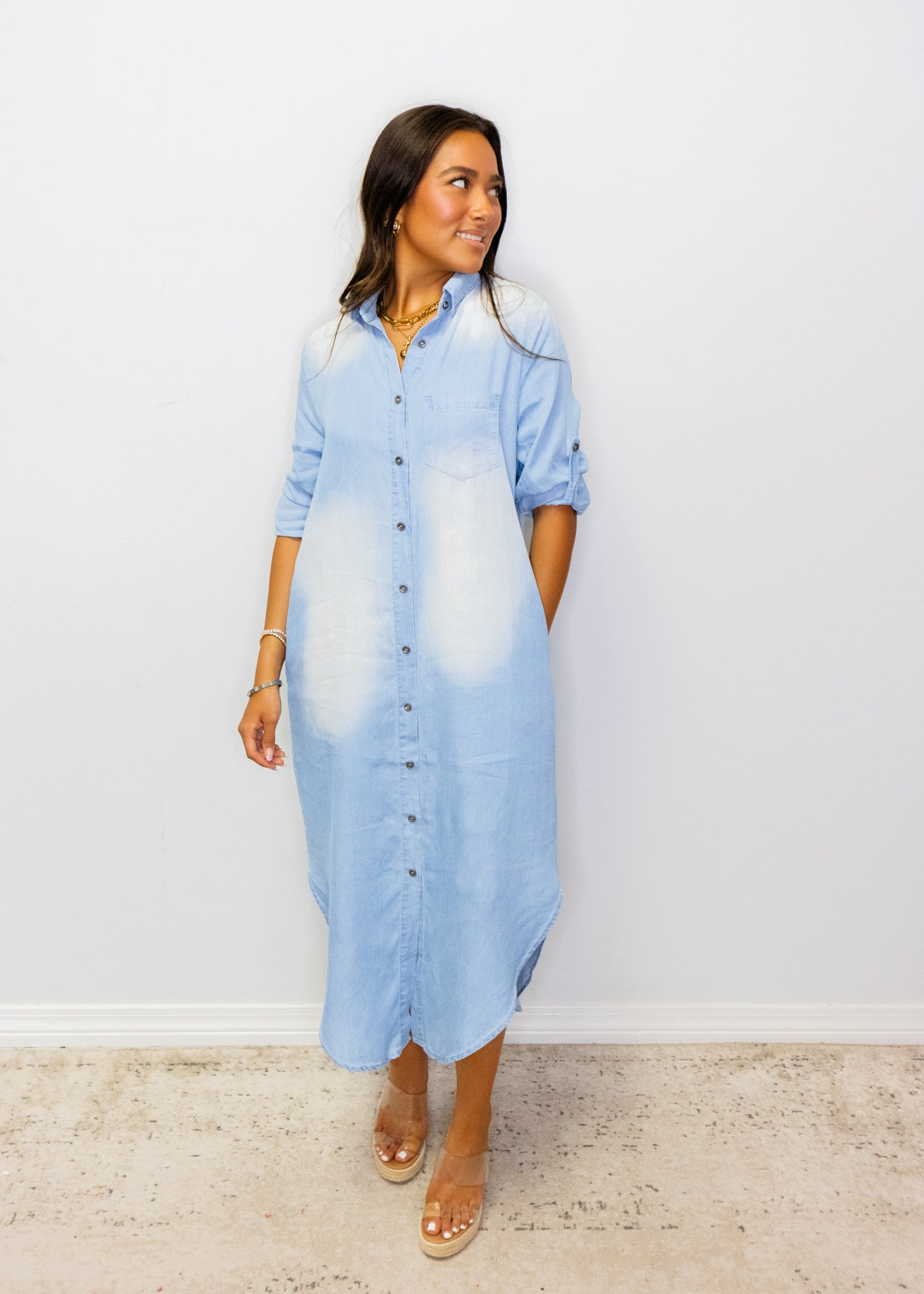 Light Denim Button-Up Midi Dress