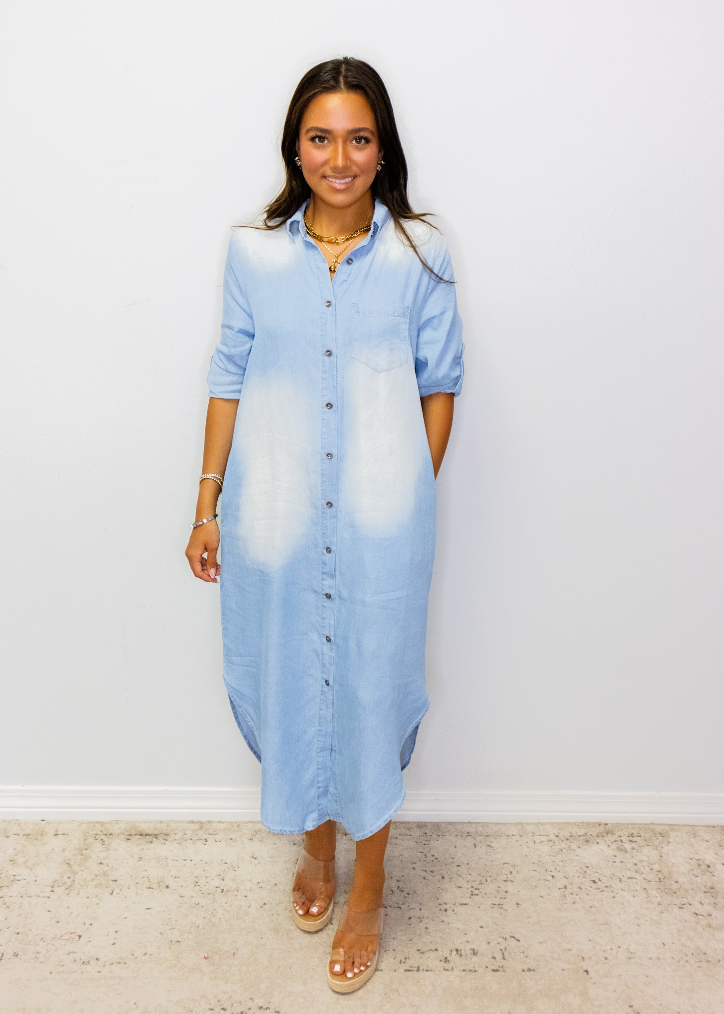Light Denim Button-Up Midi Dress