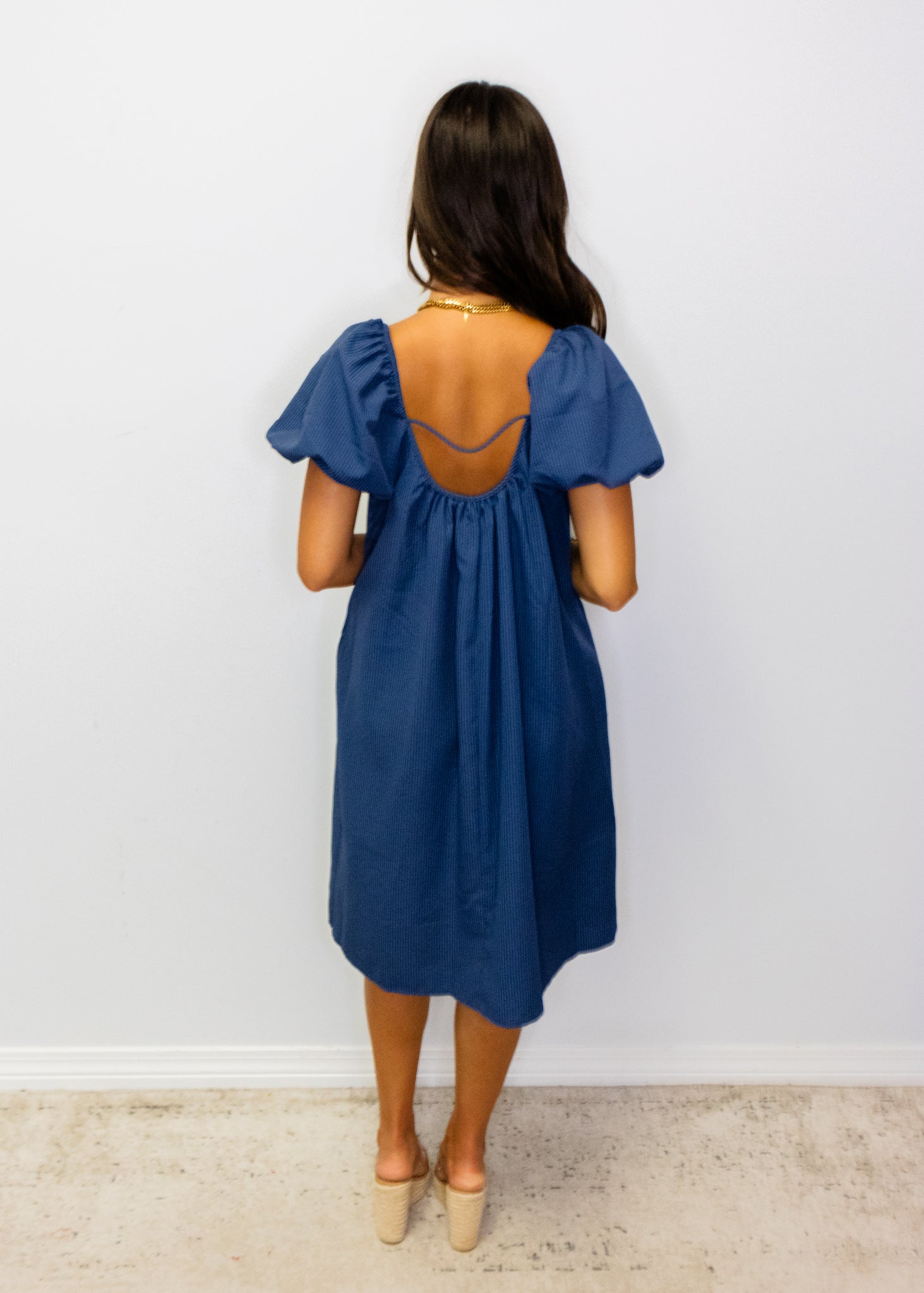 Navy Blue Puff Sleeve Midi Dress