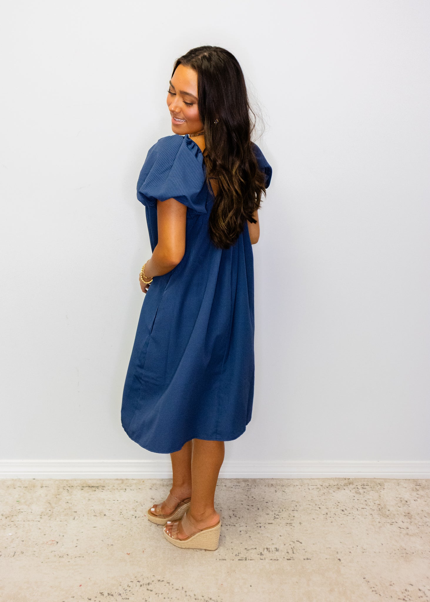 Navy Blue Puff Sleeve Midi Dress
