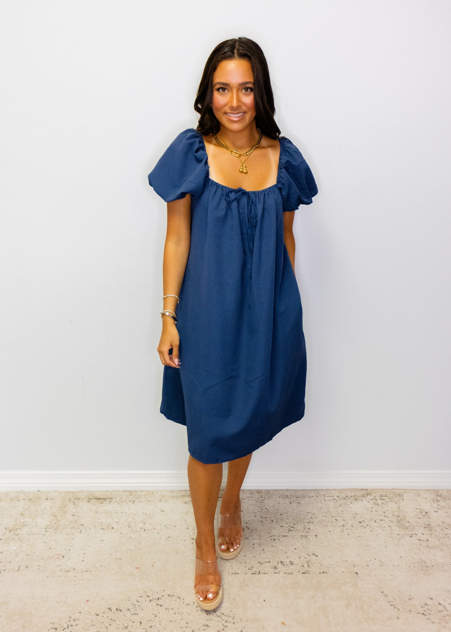 Navy Blue Puff Sleeve Midi Dress