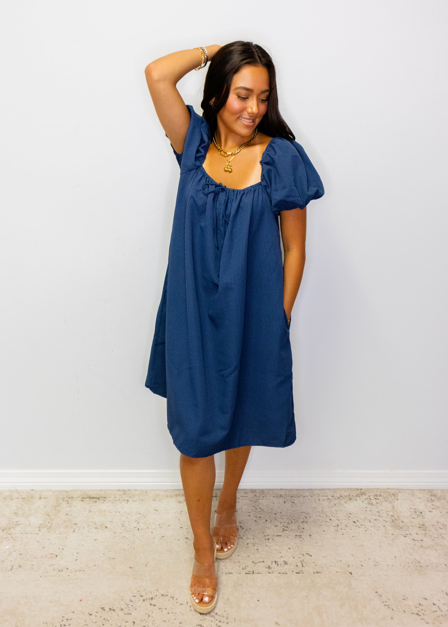 Navy Blue Puff Sleeve Midi Dress