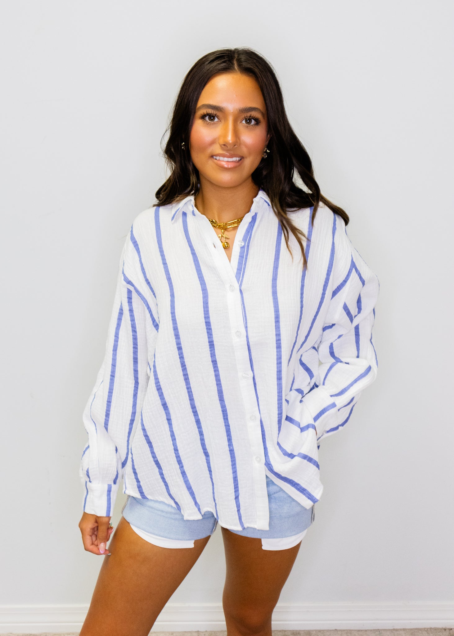 Blue & White Stripe Button Gauze Top
