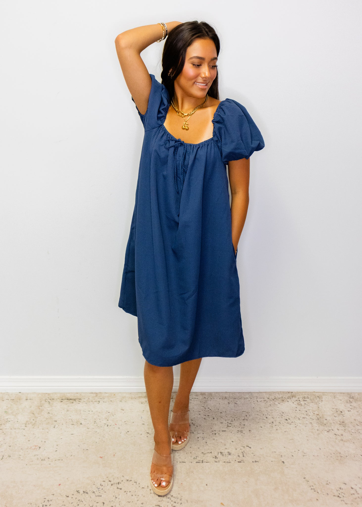 Navy Blue Puff Sleeve Midi Dress