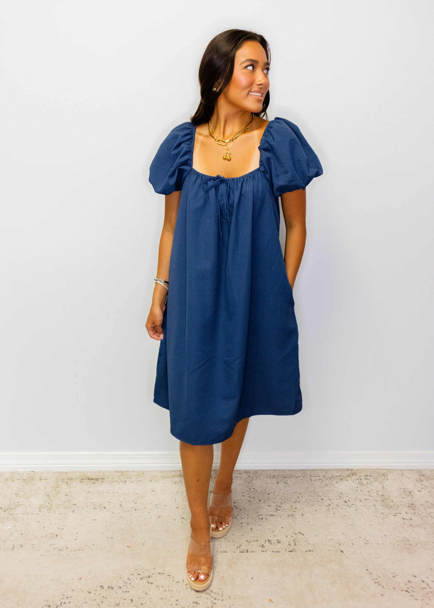 Navy Blue Puff Sleeve Midi Dress