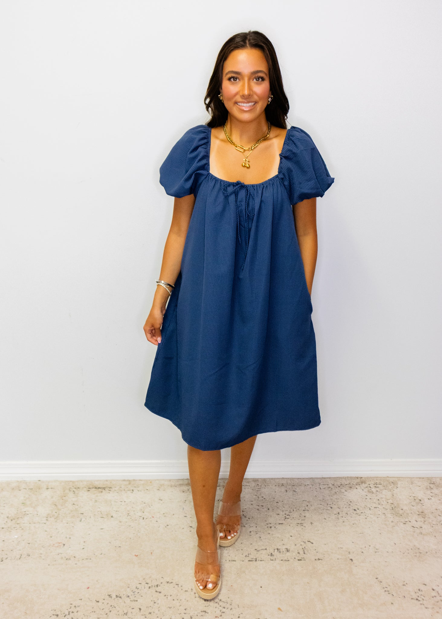 Navy Blue Puff Sleeve Midi Dress