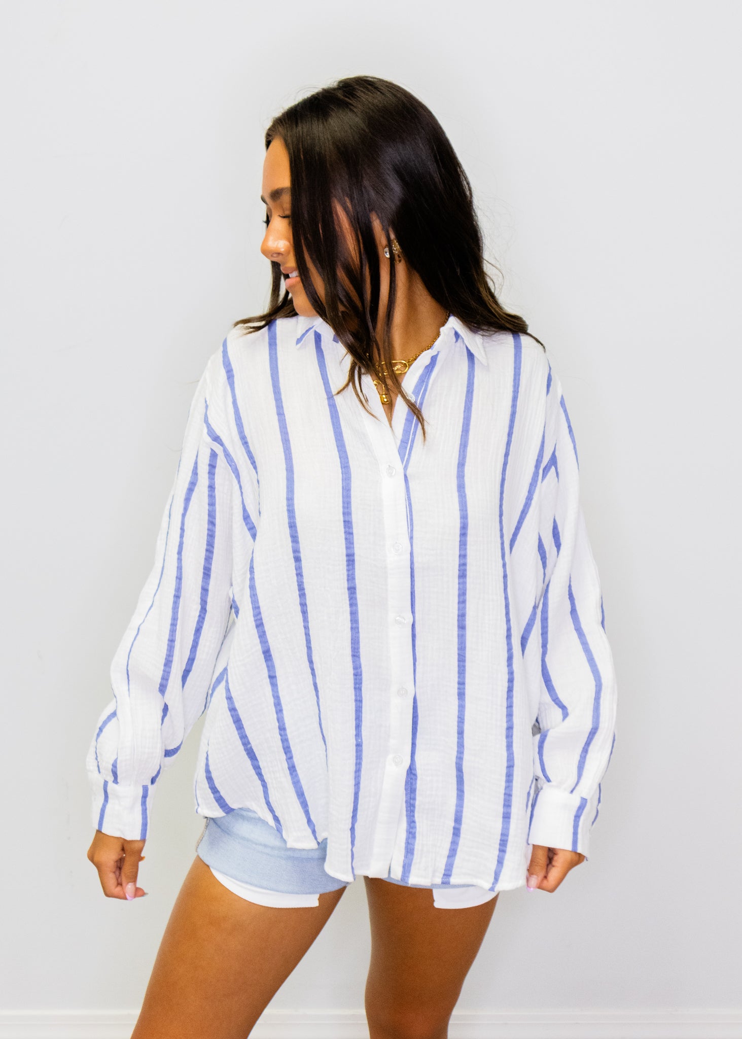 Blue & White Stripe Button Gauze Top