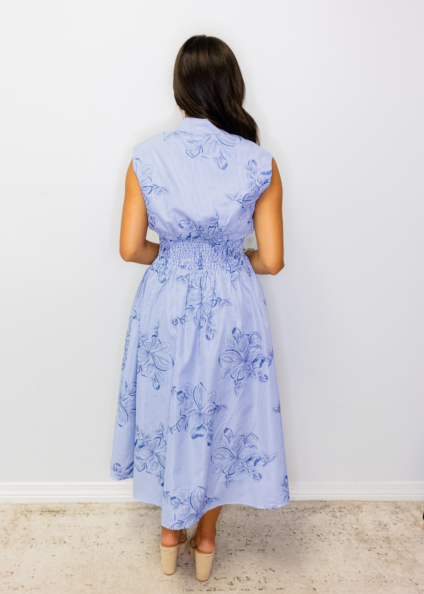 Blue Stripe Floral Midi Dress