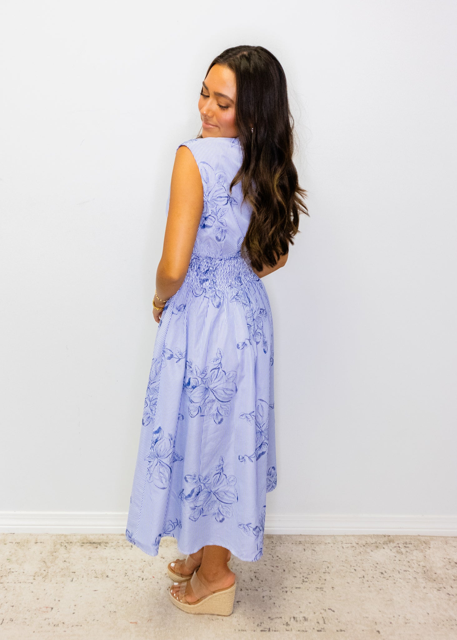 Blue Stripe Floral Midi Dress
