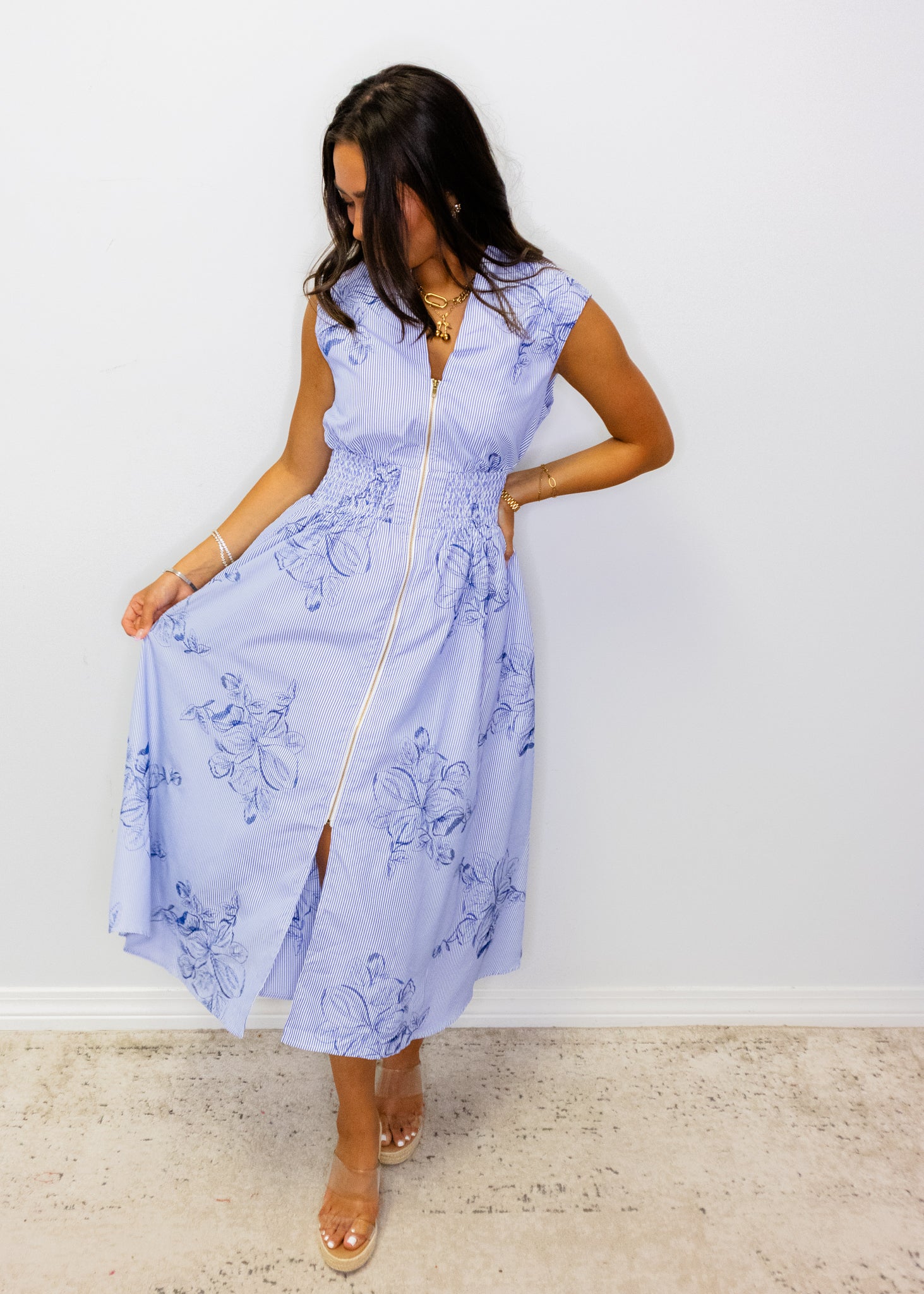 Blue Stripe Floral Midi Dress