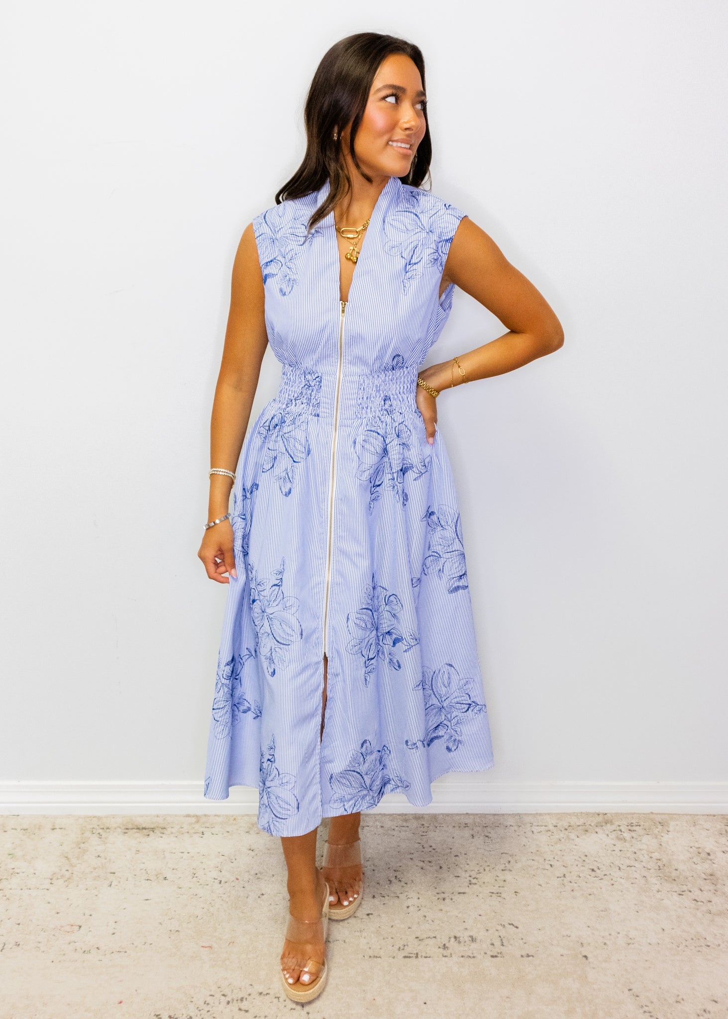 Blue Stripe Floral Midi Dress