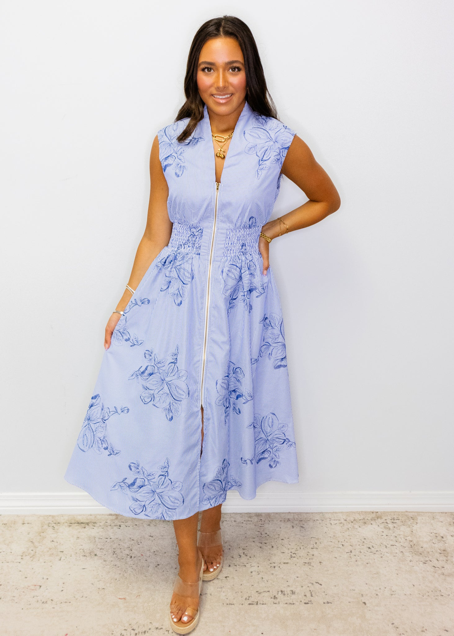 Blue Stripe Floral Midi Dress