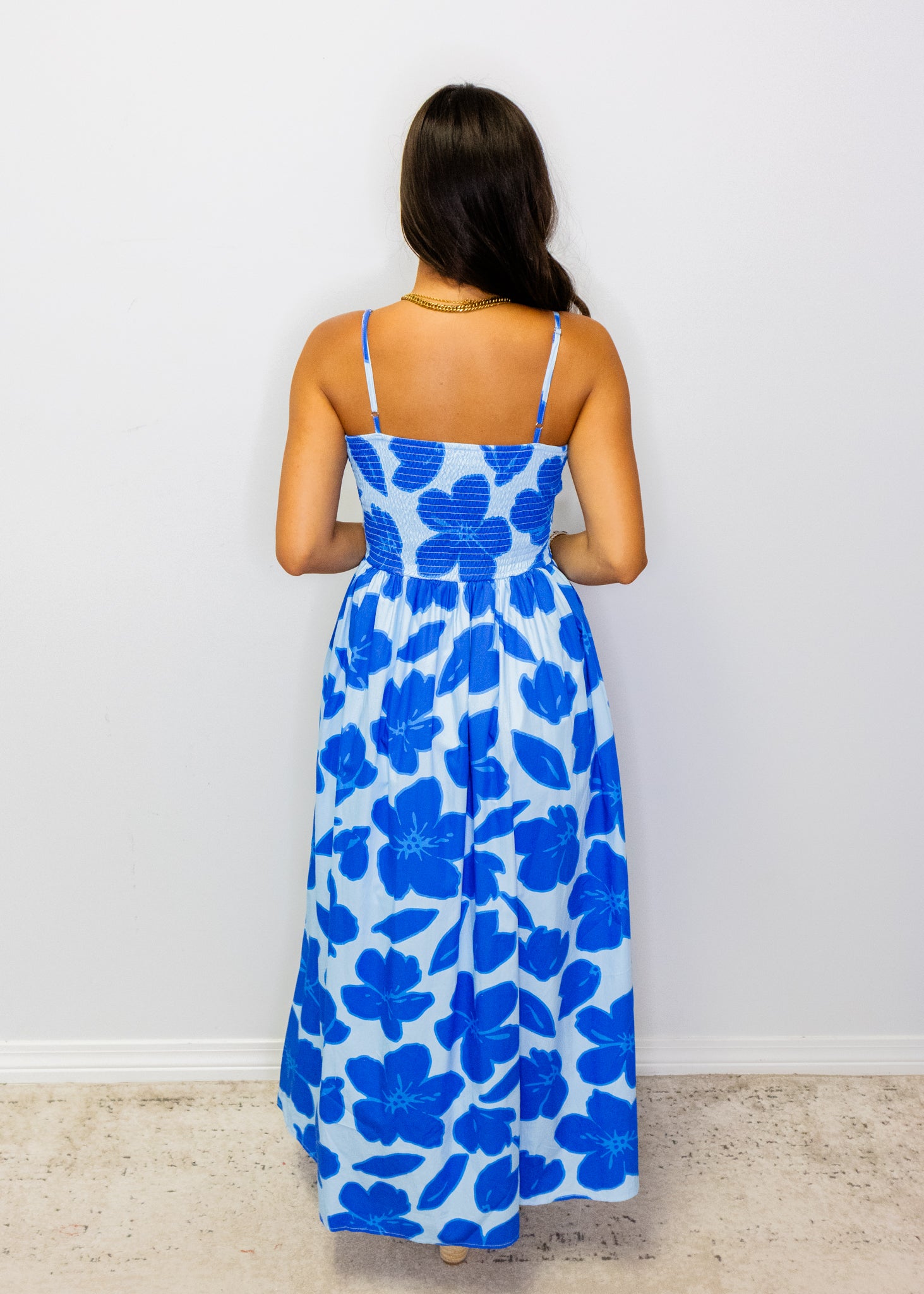 Blue Tropical Smocked Bodice Midi Dress