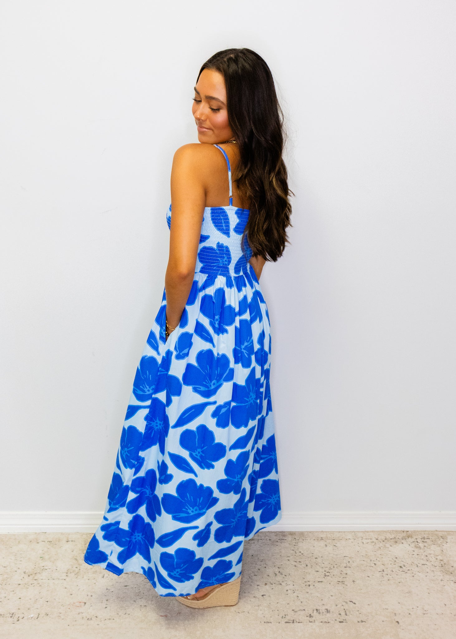 Blue Tropical Smocked Bodice Midi Dress