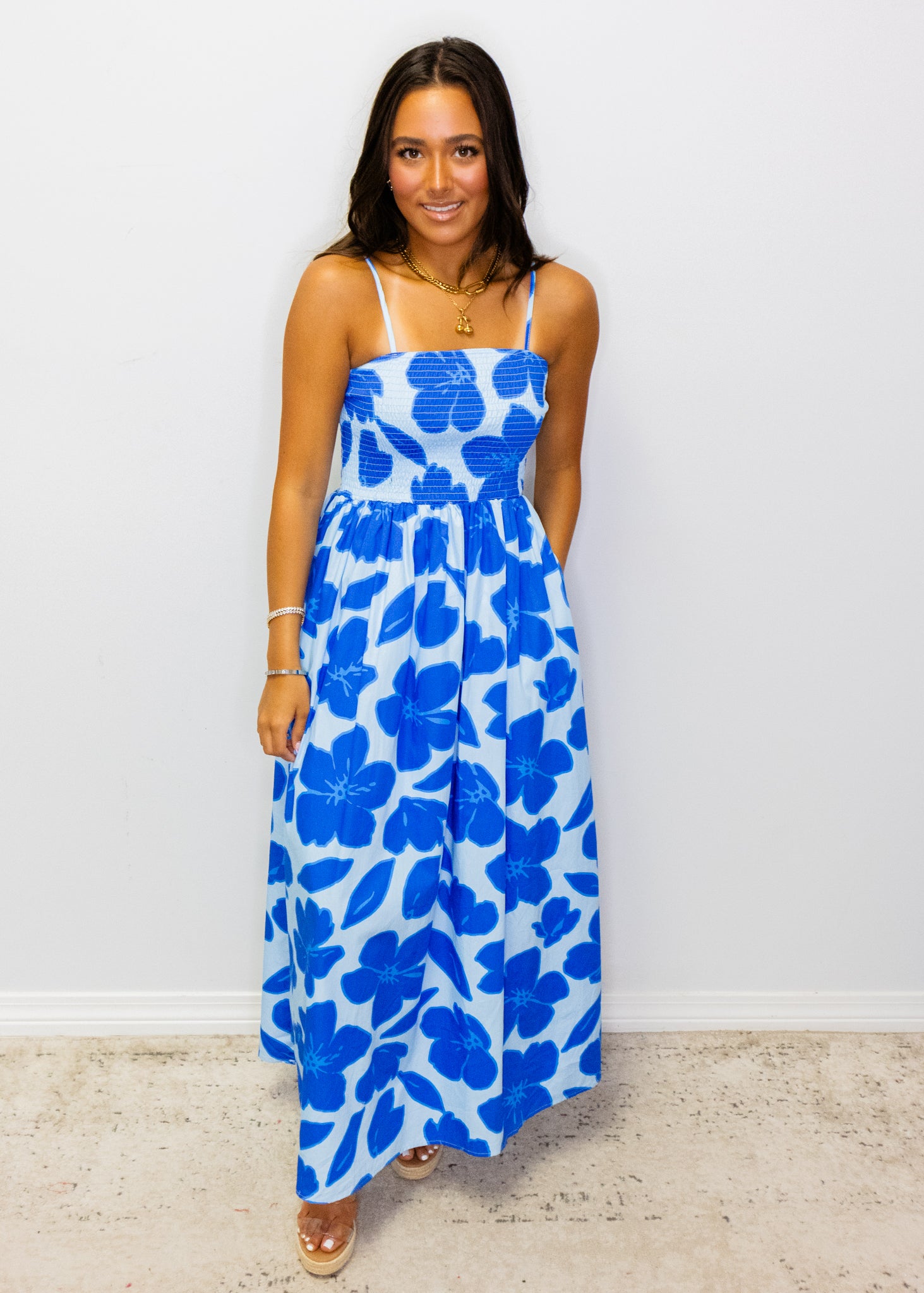 Blue Tropical Smocked Bodice Midi Dress