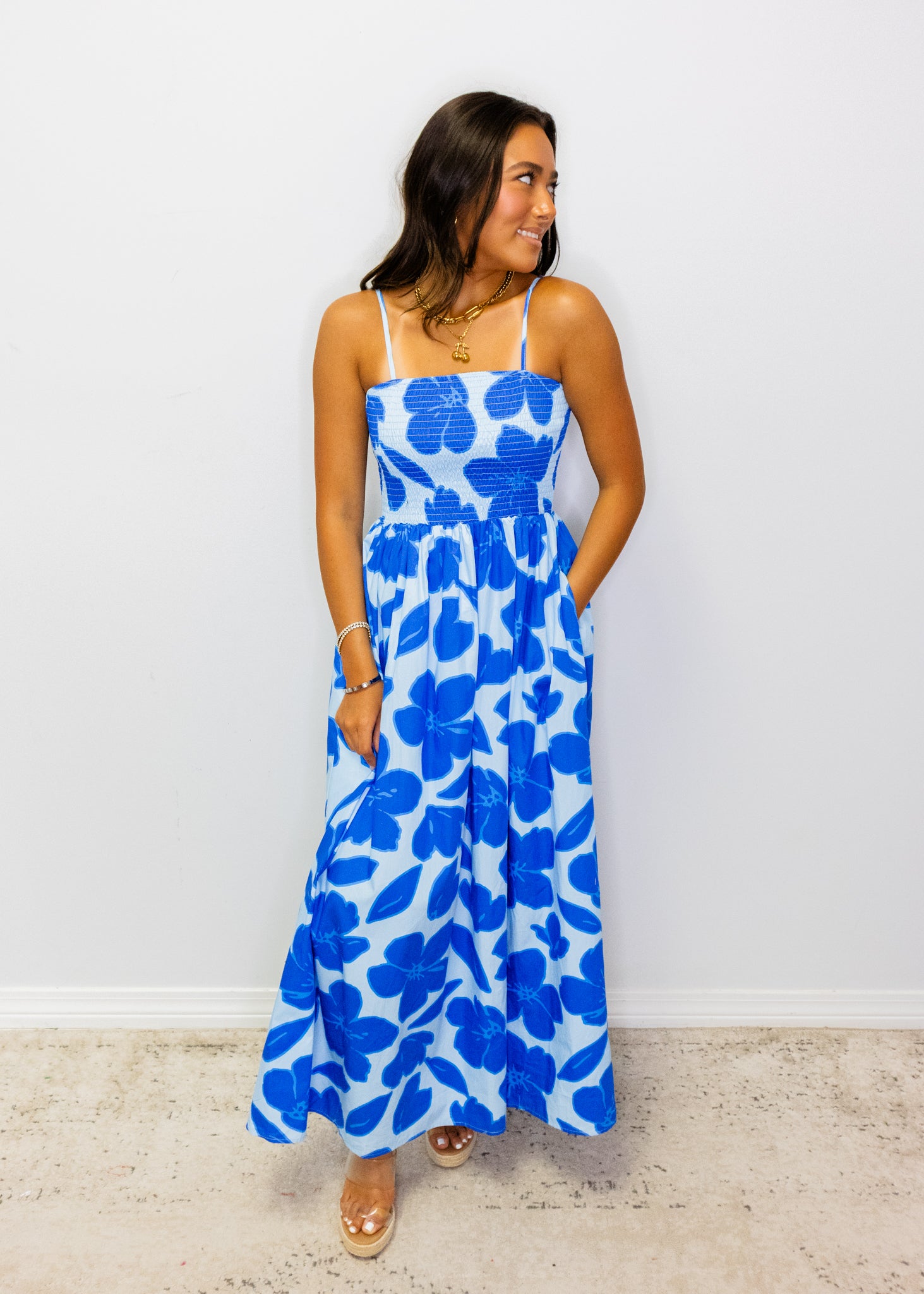 Blue Tropical Smocked Bodice Midi Dress