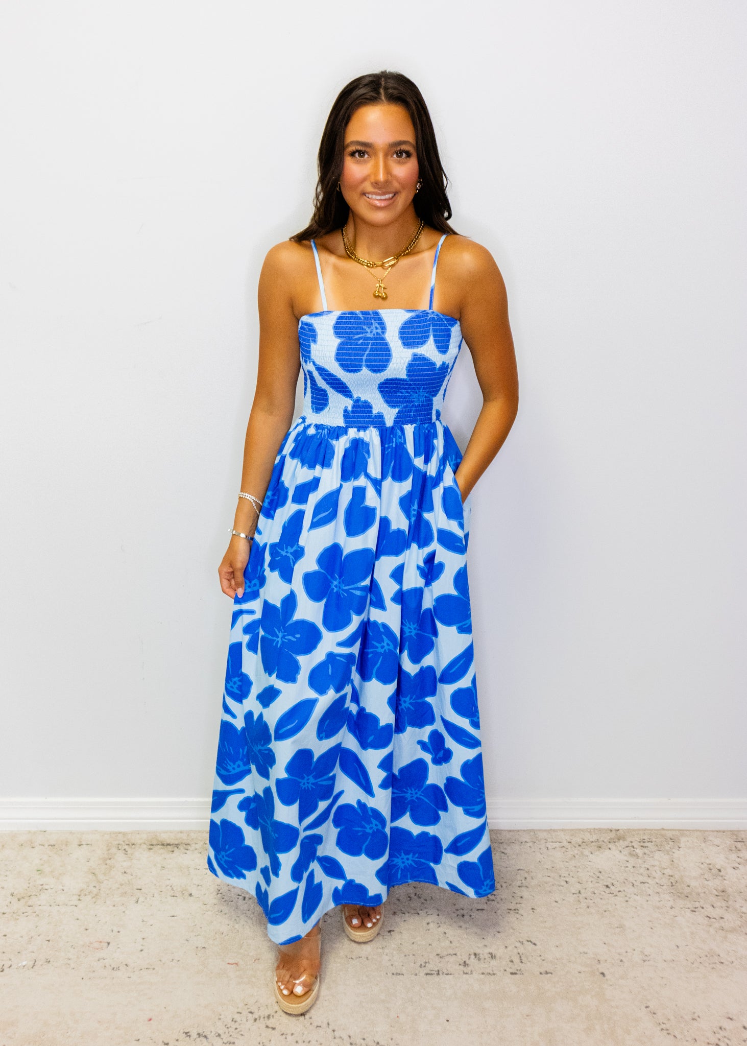Blue Tropical Smocked Bodice Midi Dress