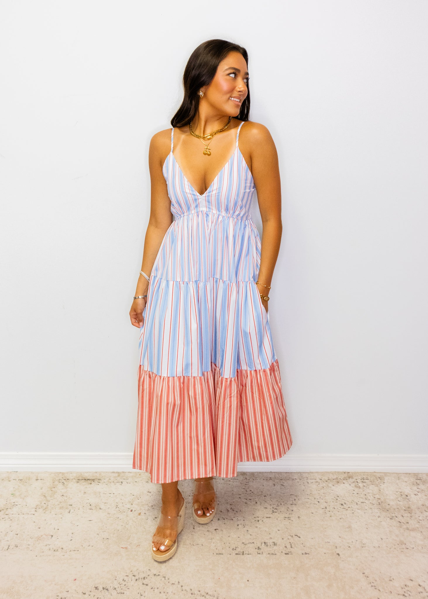 Blue & White Stripe Midi Dress