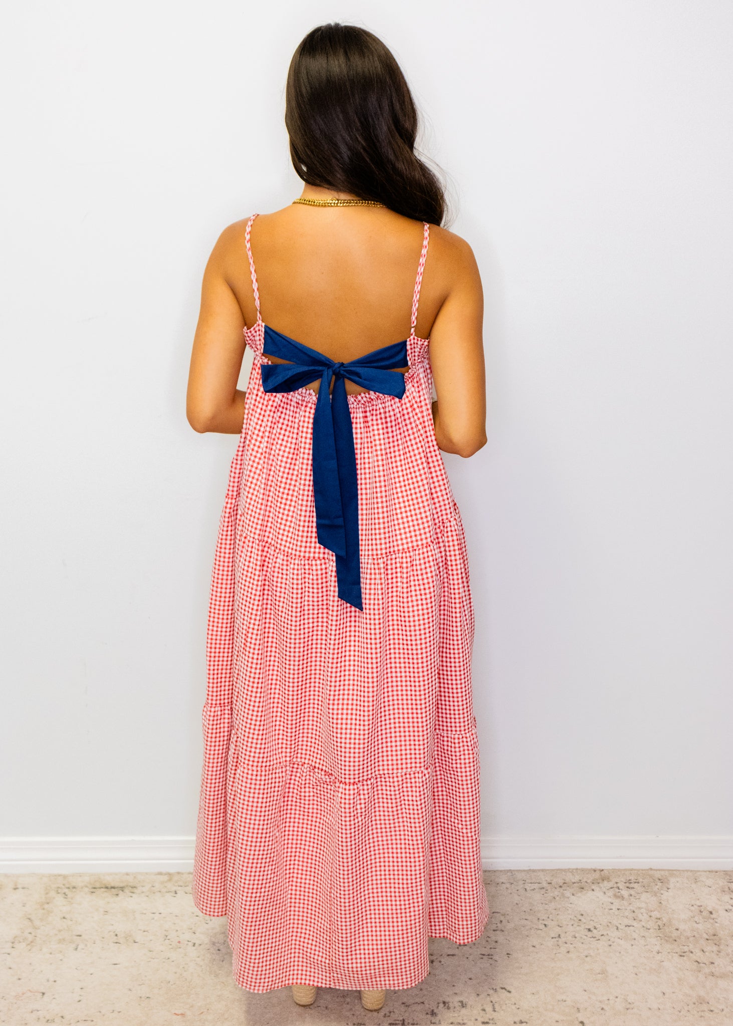 Red Gingham Tiered Midi Dress