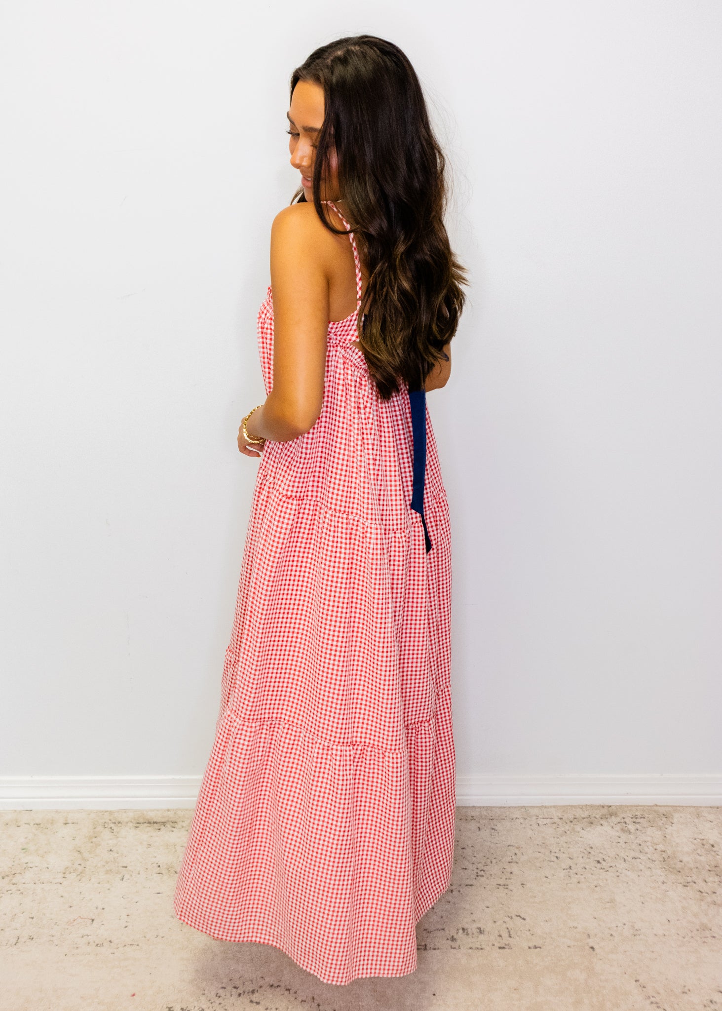 Red Gingham Tiered Midi Dress