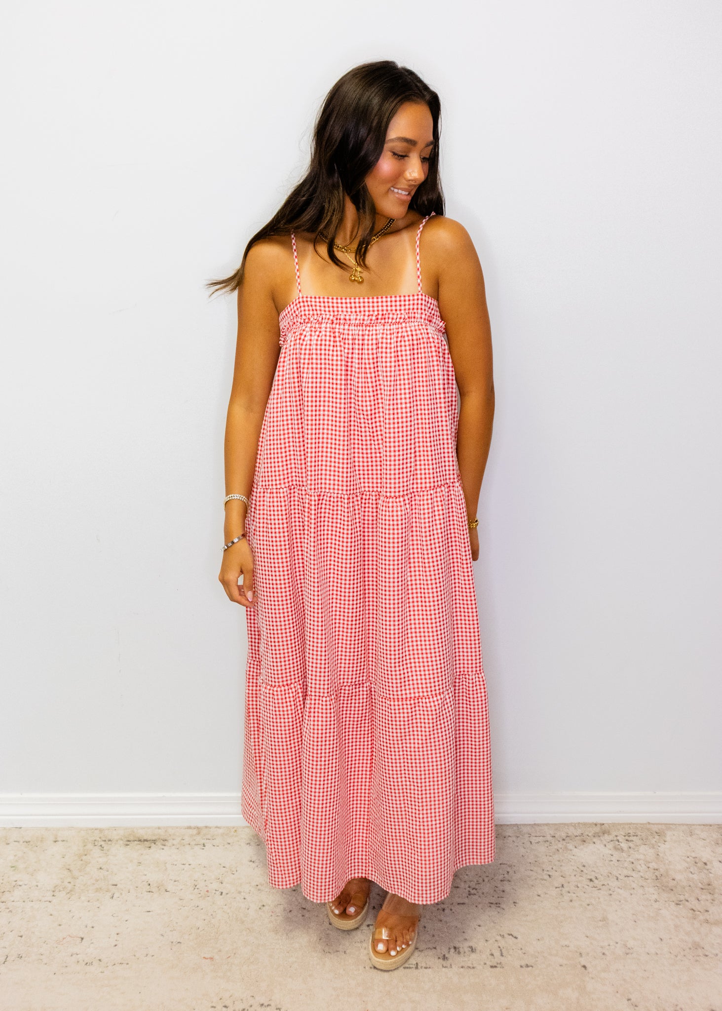 Red Gingham Tiered Midi Dress