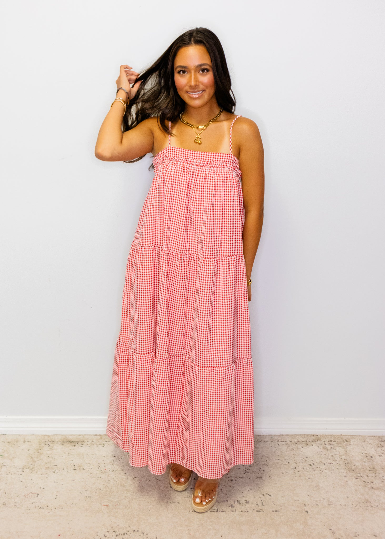 Red Gingham Tiered Midi Dress