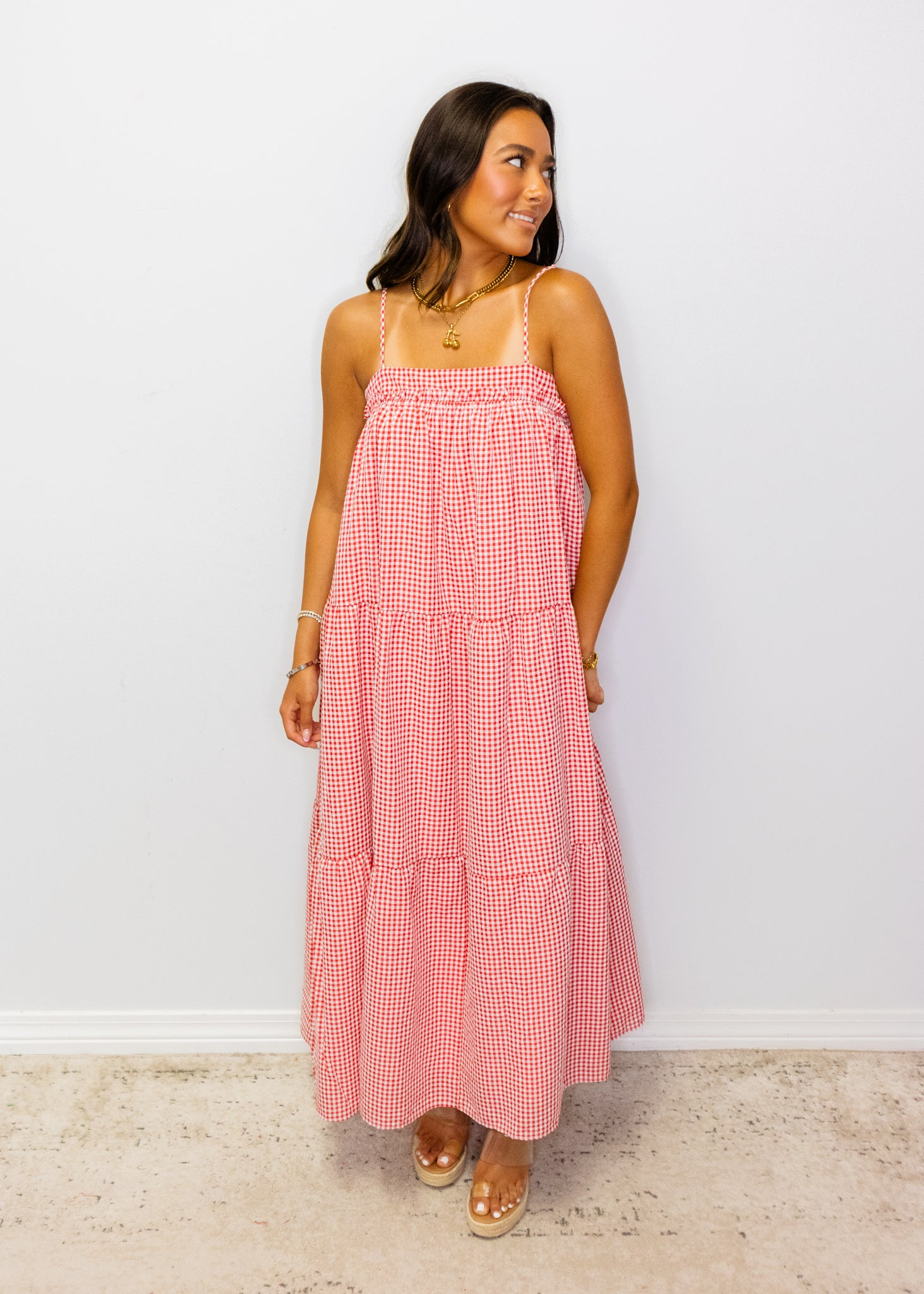 Red Gingham Tiered Midi Dress