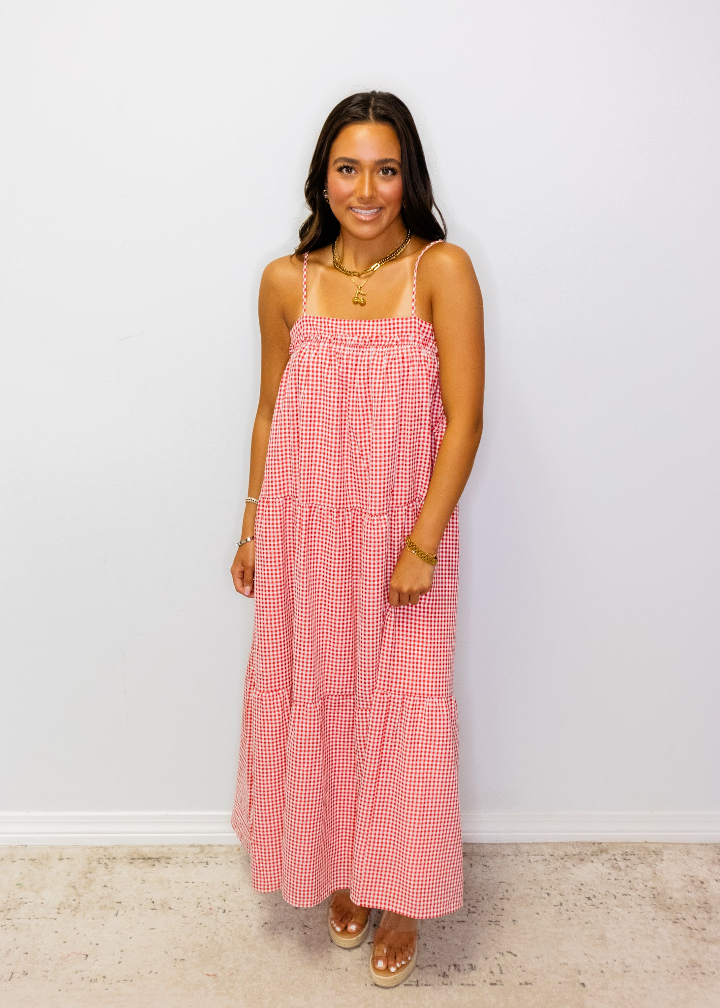 Red Gingham Tiered Midi Dress