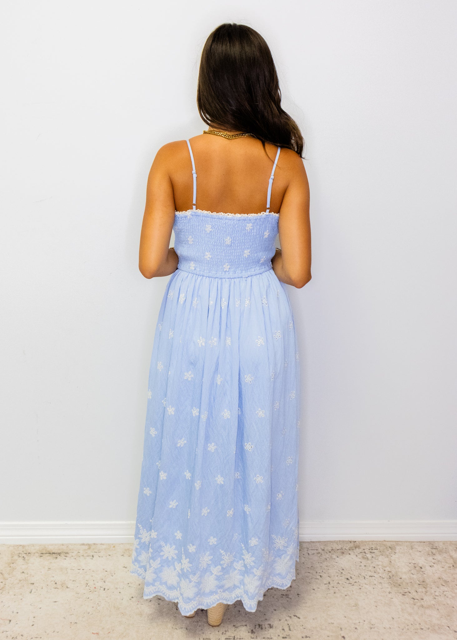 Blue Embroidered Smocked Maxi Dress