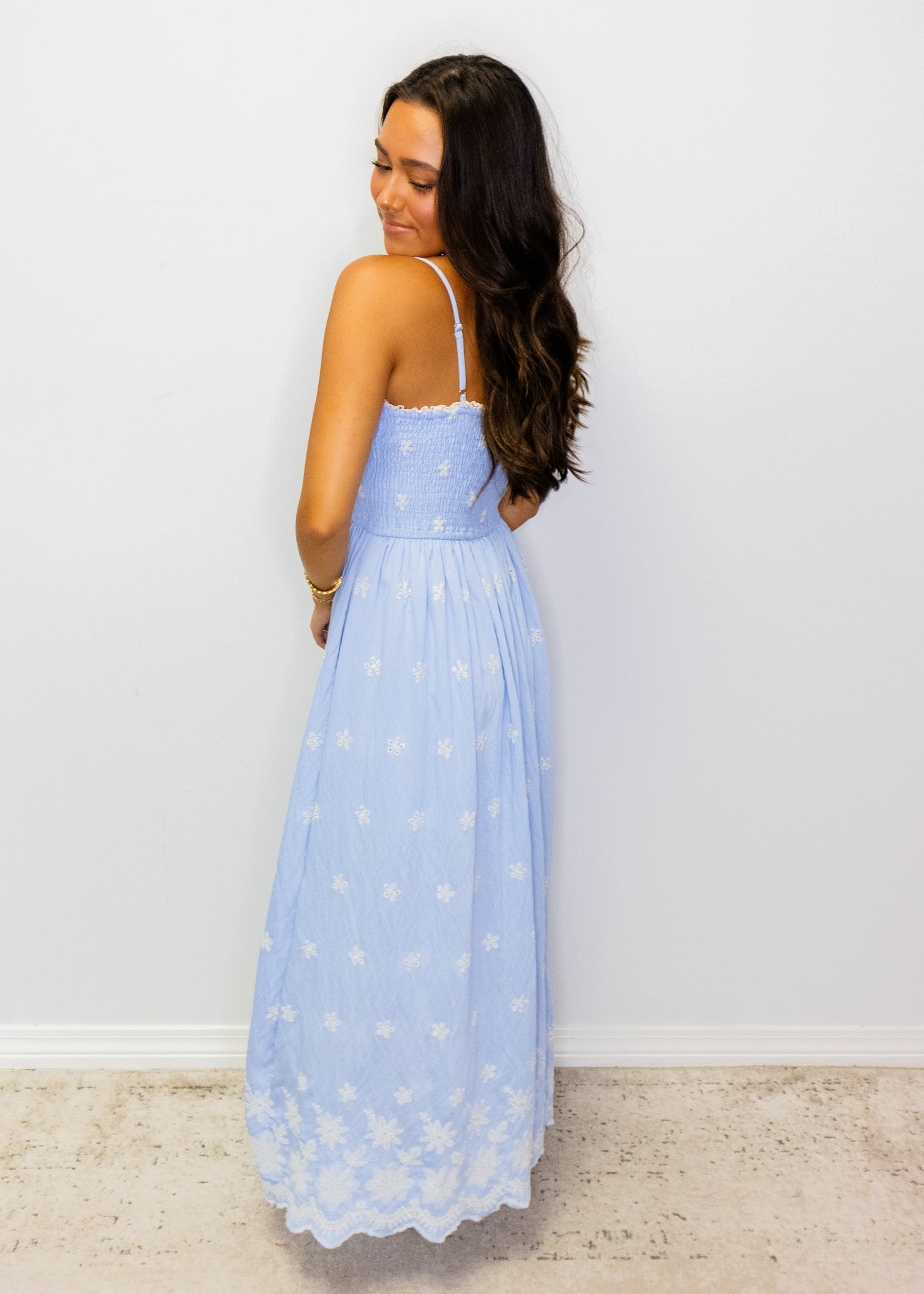 Blue Embroidered Smocked Maxi Dress