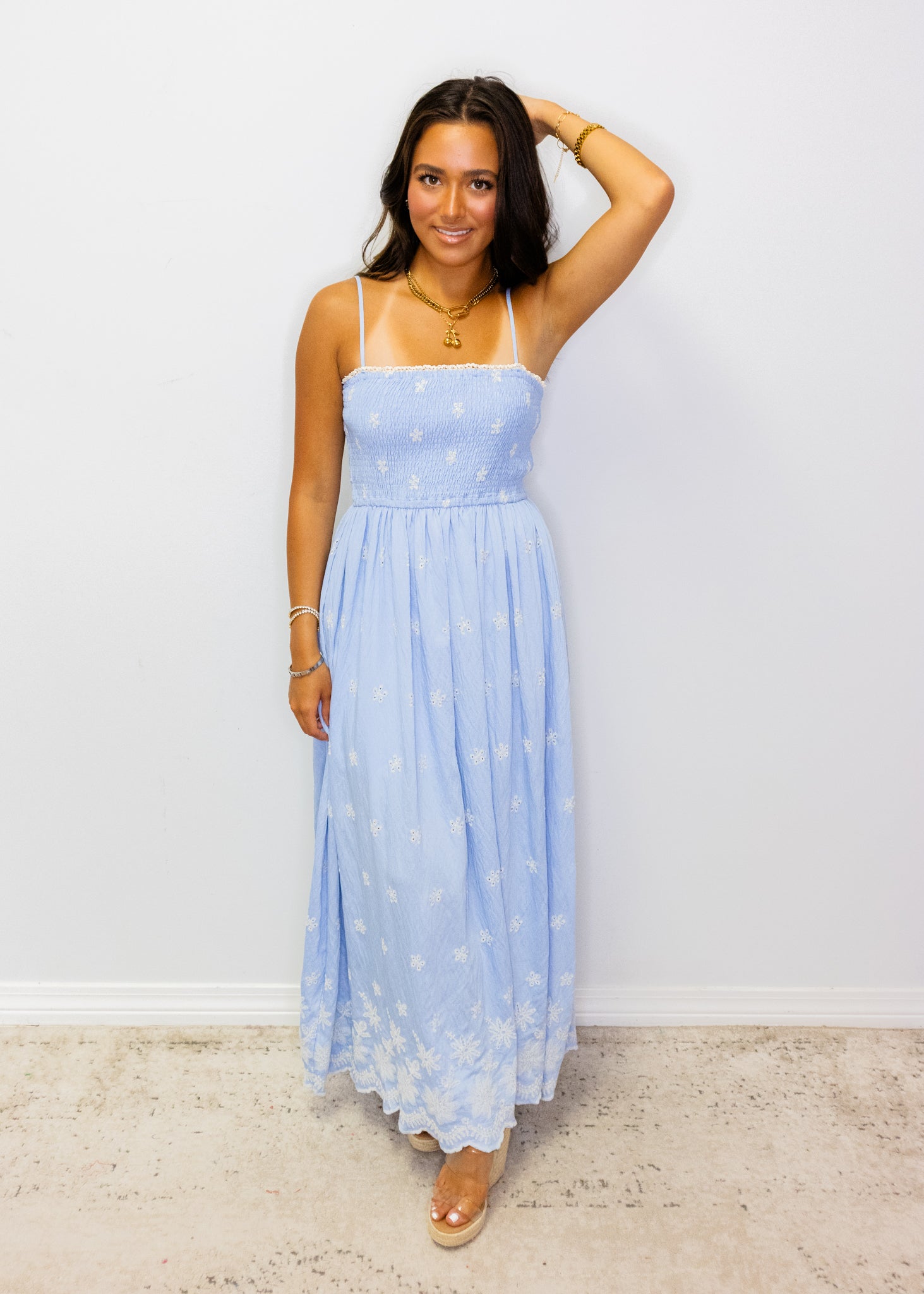 Blue Embroidered Smocked Maxi Dress