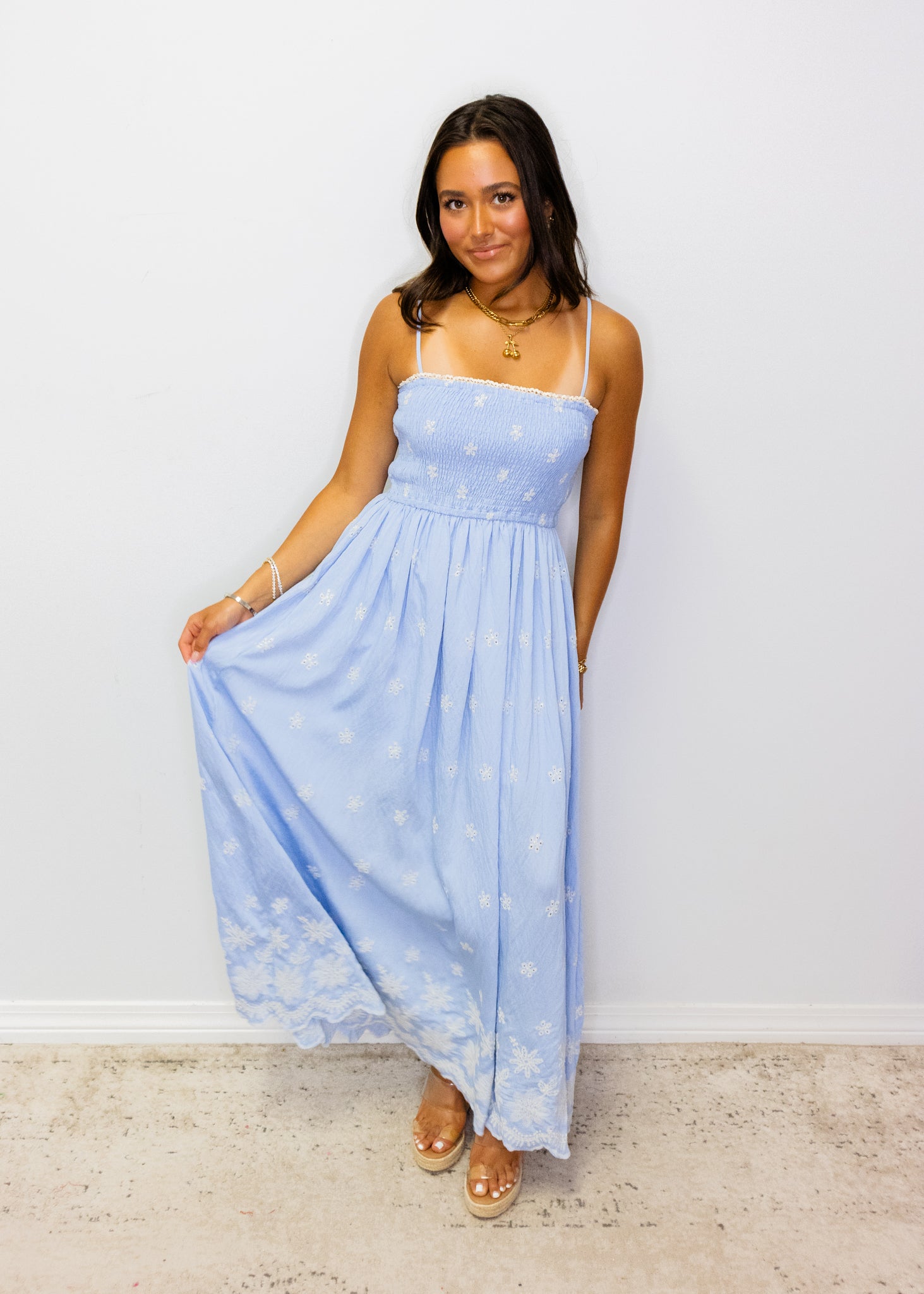 Blue Embroidered Smocked Maxi Dress