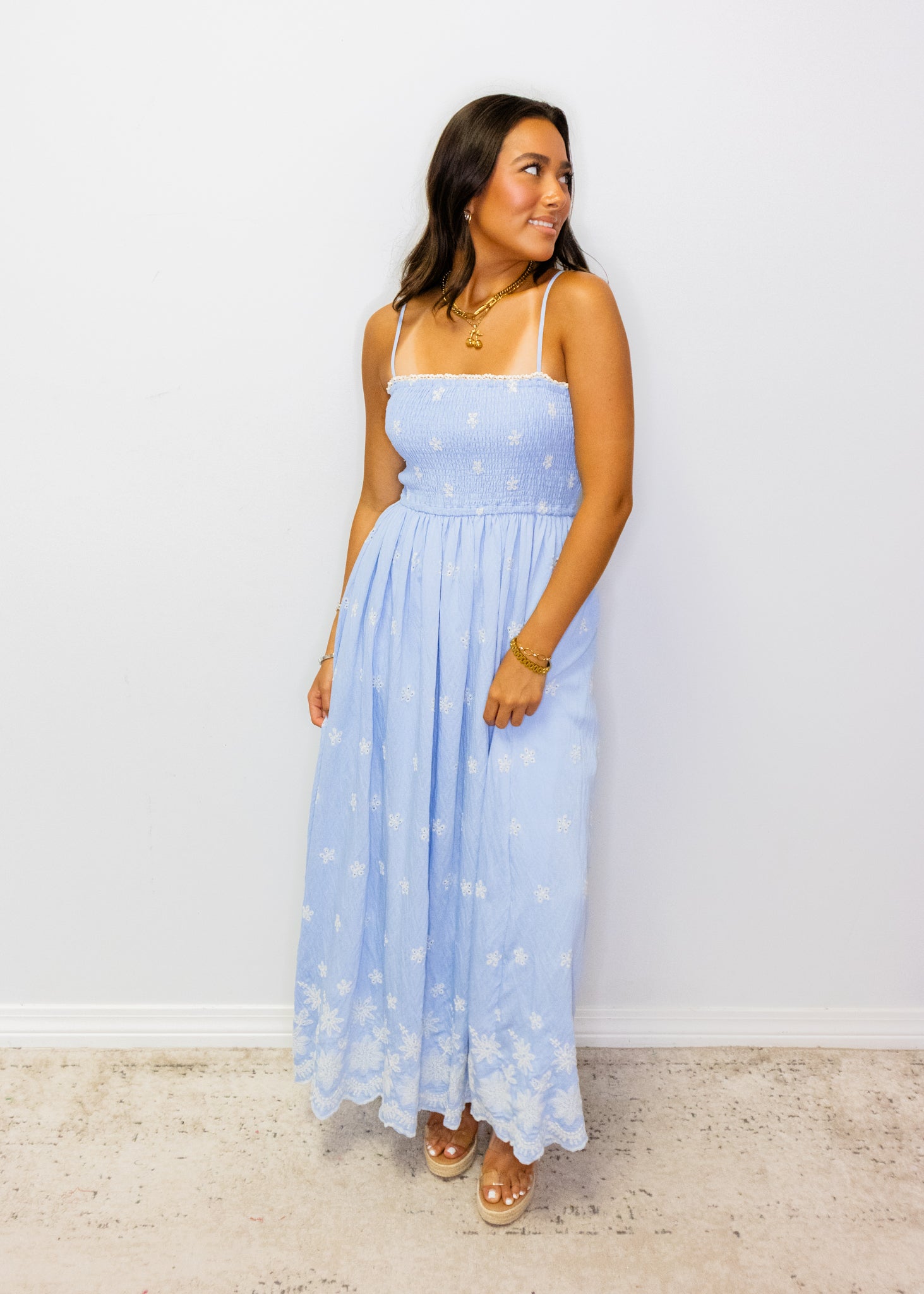 Blue Embroidered Smocked Maxi Dress