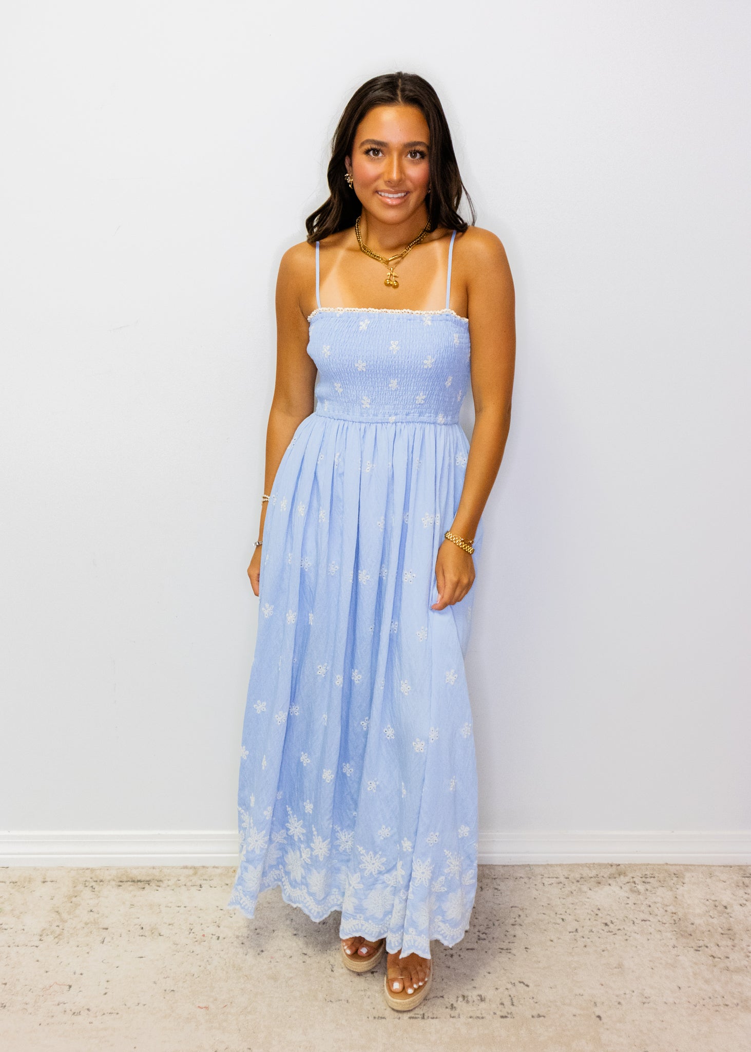 Blue Embroidered Smocked Maxi Dress