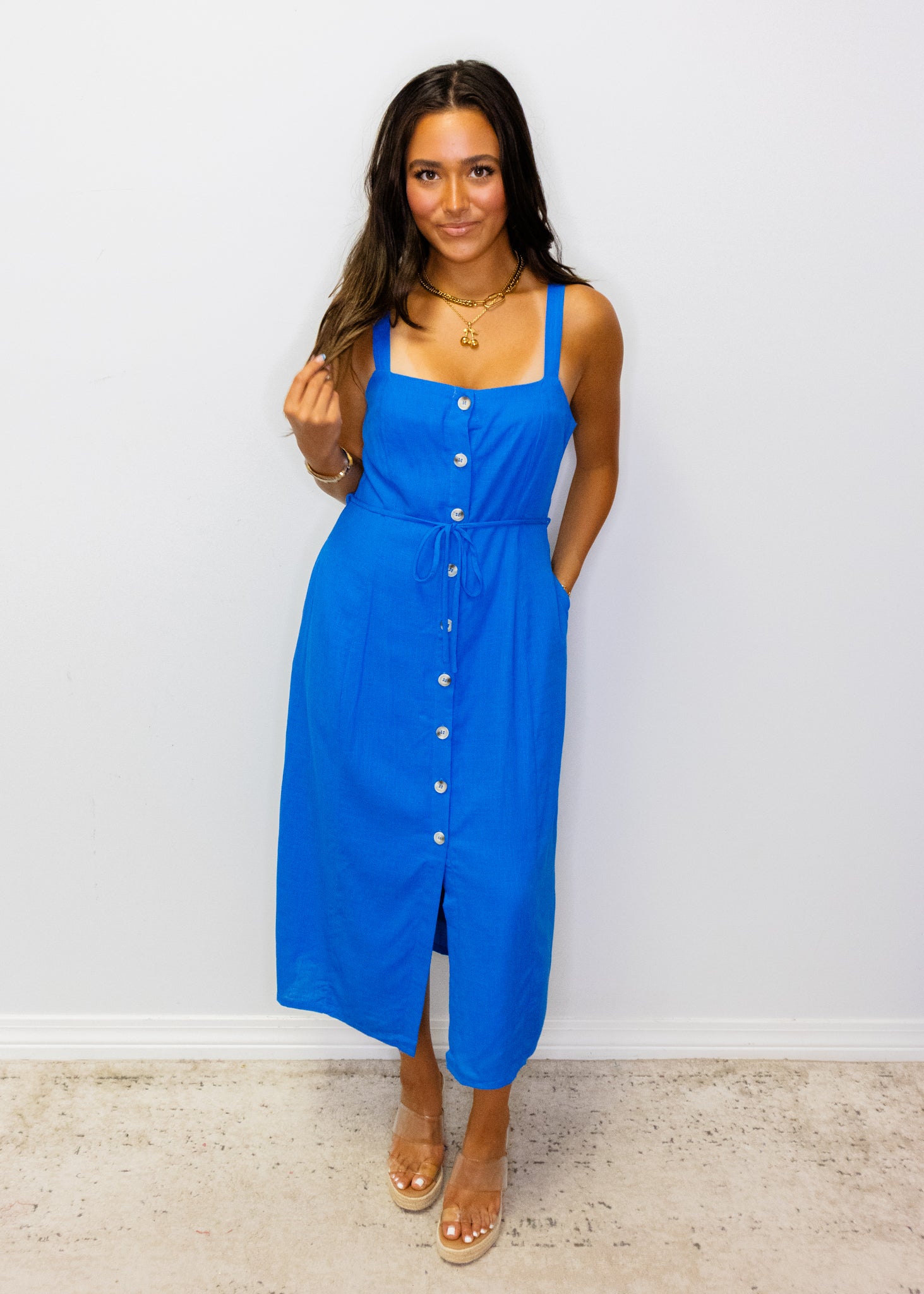 Cobalt Button Down Midi Dress