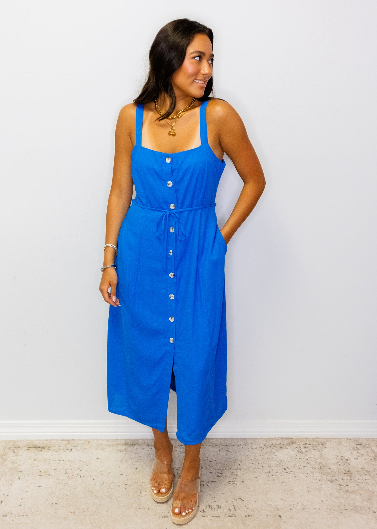 Cobalt Button Down Midi Dress