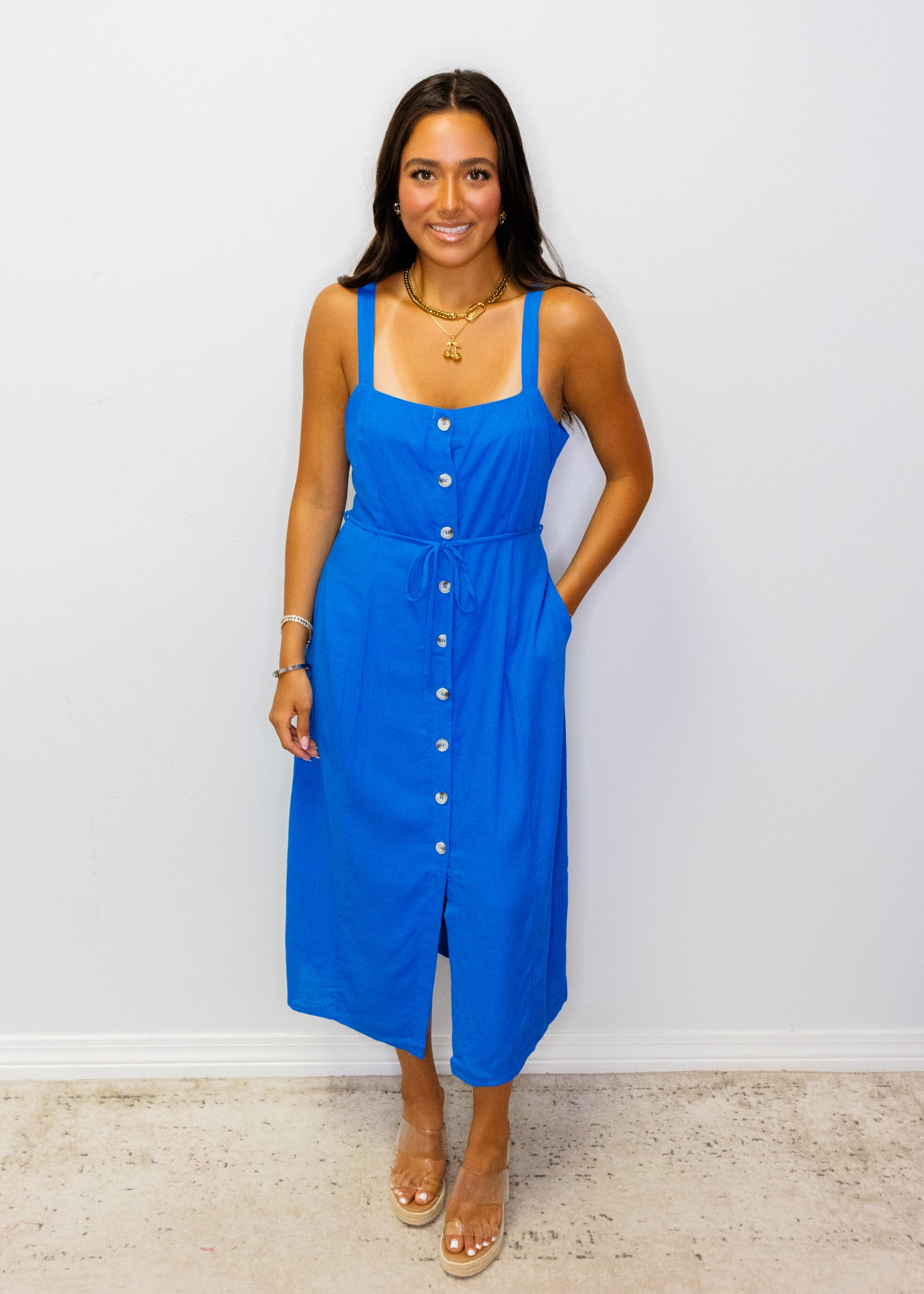 Cobalt Button Down Midi Dress