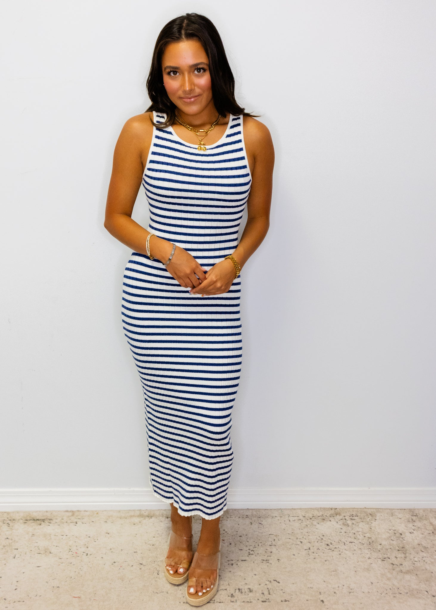 Blue Stripe Fitted Midi Dress