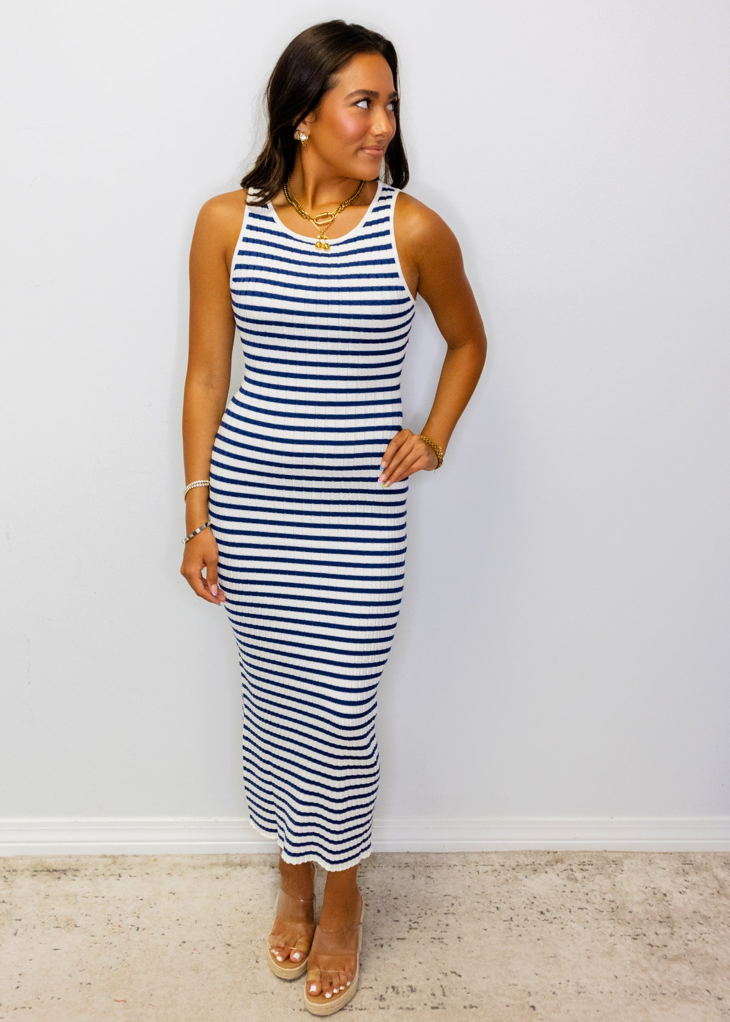 Blue Stripe Fitted Midi Dress