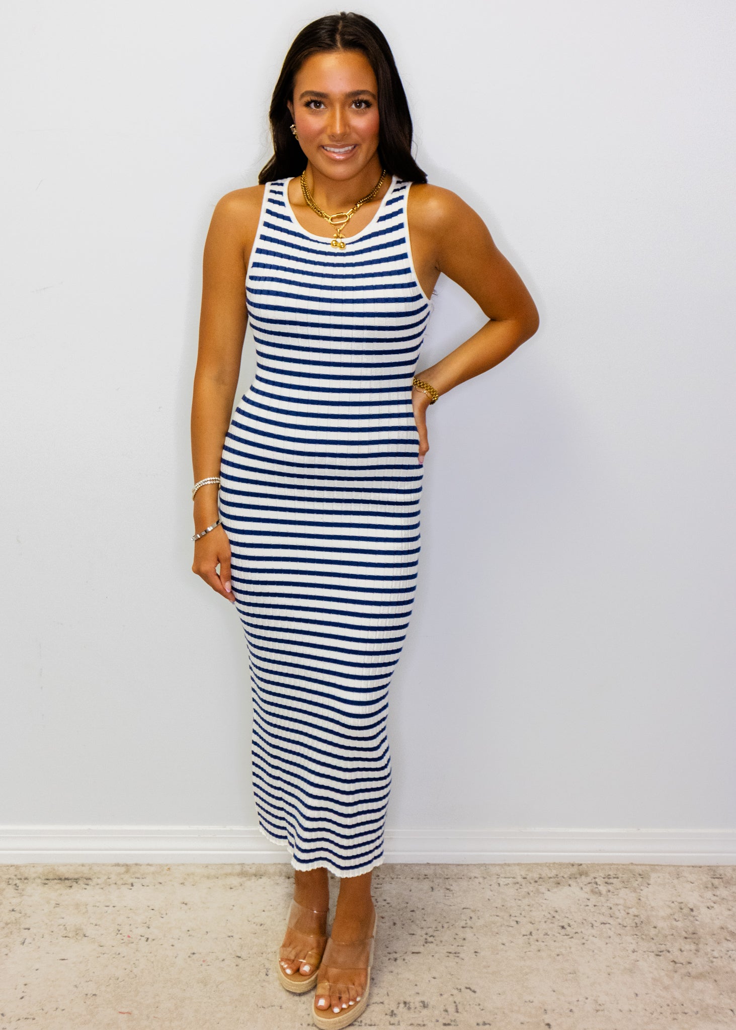Blue Stripe Fitted Midi Dress