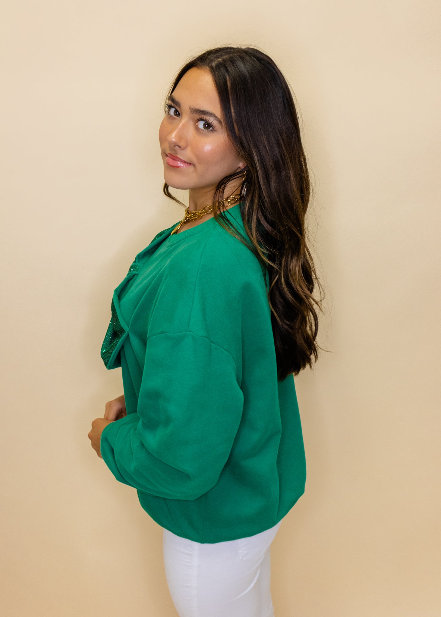 Emerald Green Oversized Rhinestone Bow Sweatshirt