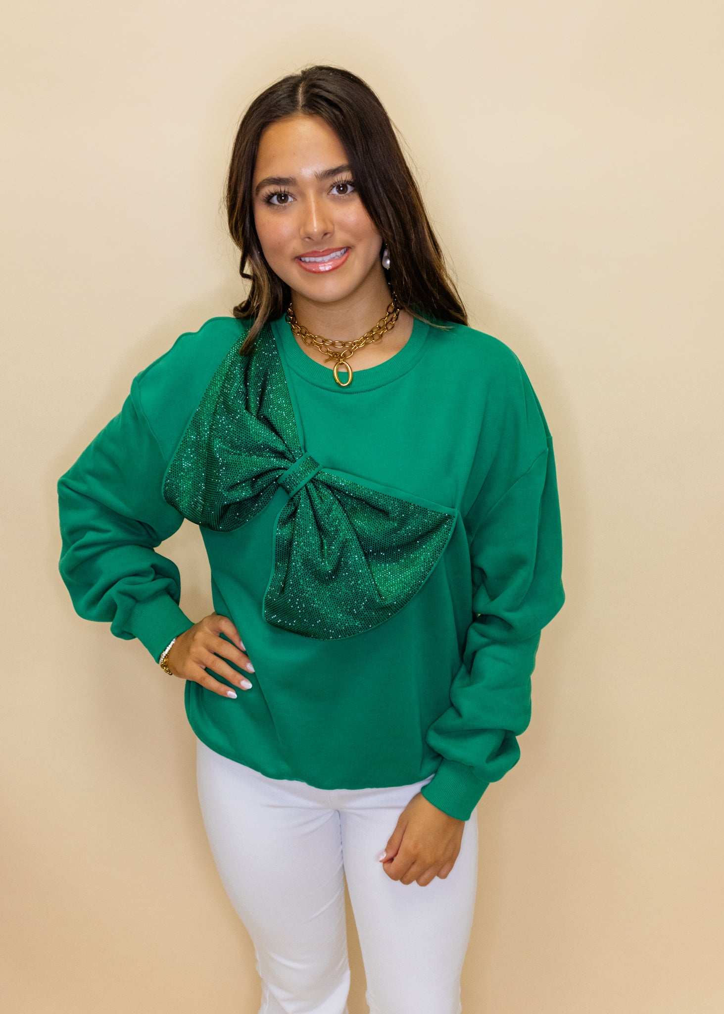 Emerald Green Oversized Rhinestone Bow Sweatshirt