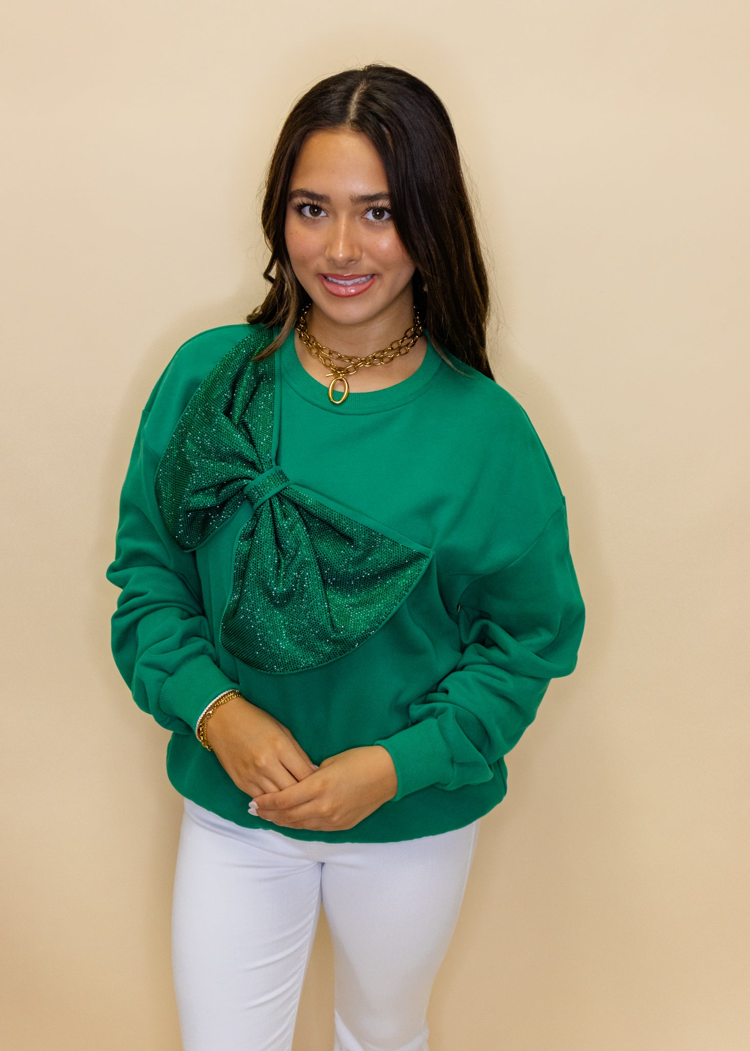 Emerald Green Oversized Rhinestone Bow Sweatshirt