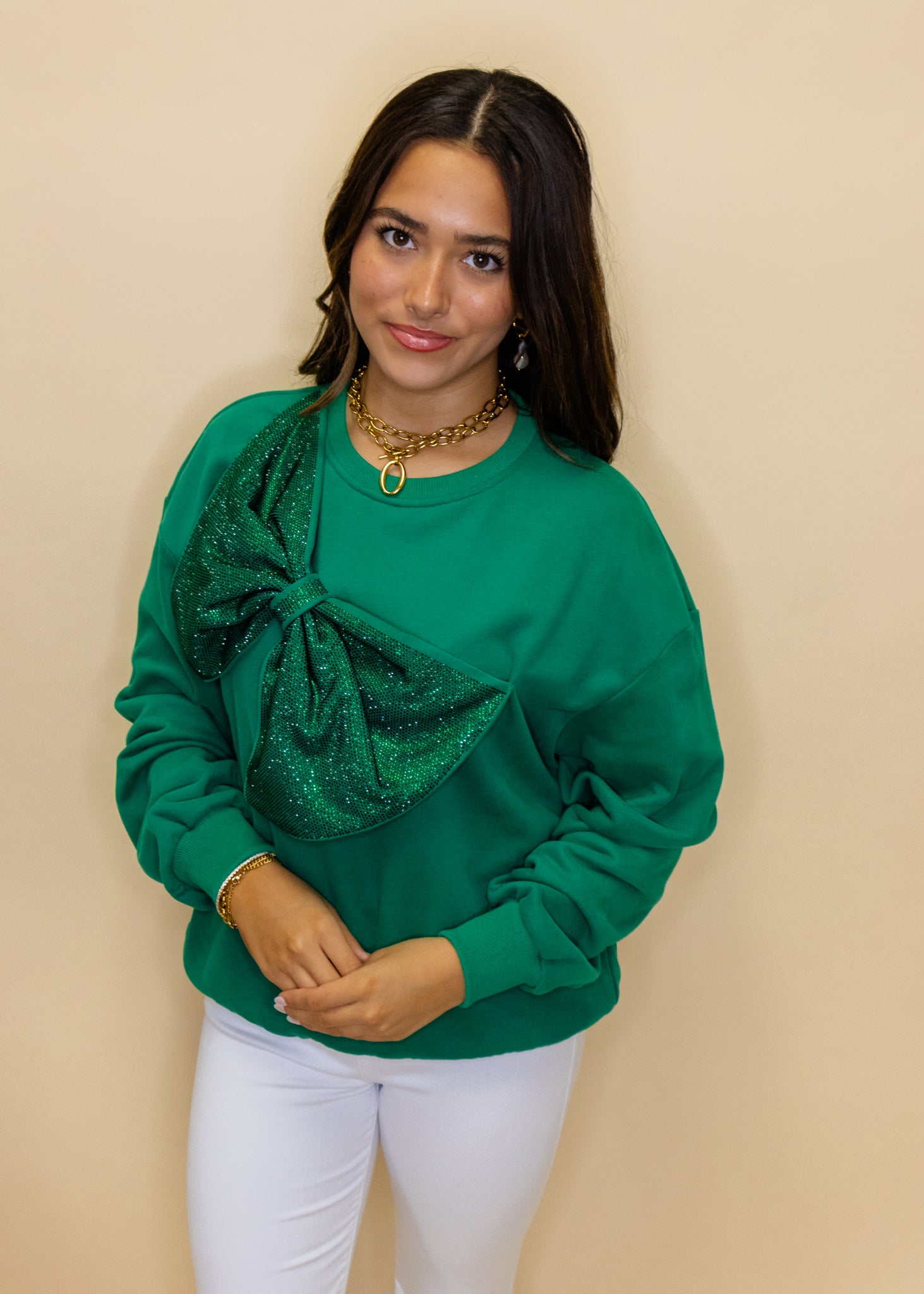 Emerald Green Oversized Rhinestone Bow Sweatshirt
