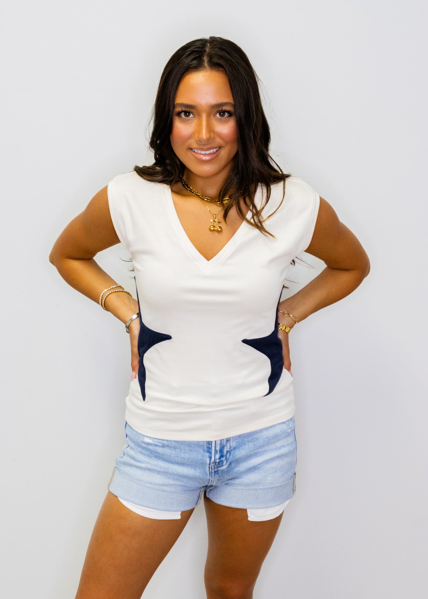 Ivory & Navy Star Fitted Top