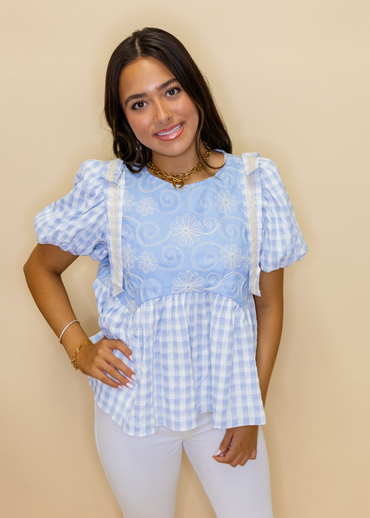 Blue Embroidery Detail Baby Doll Blouse