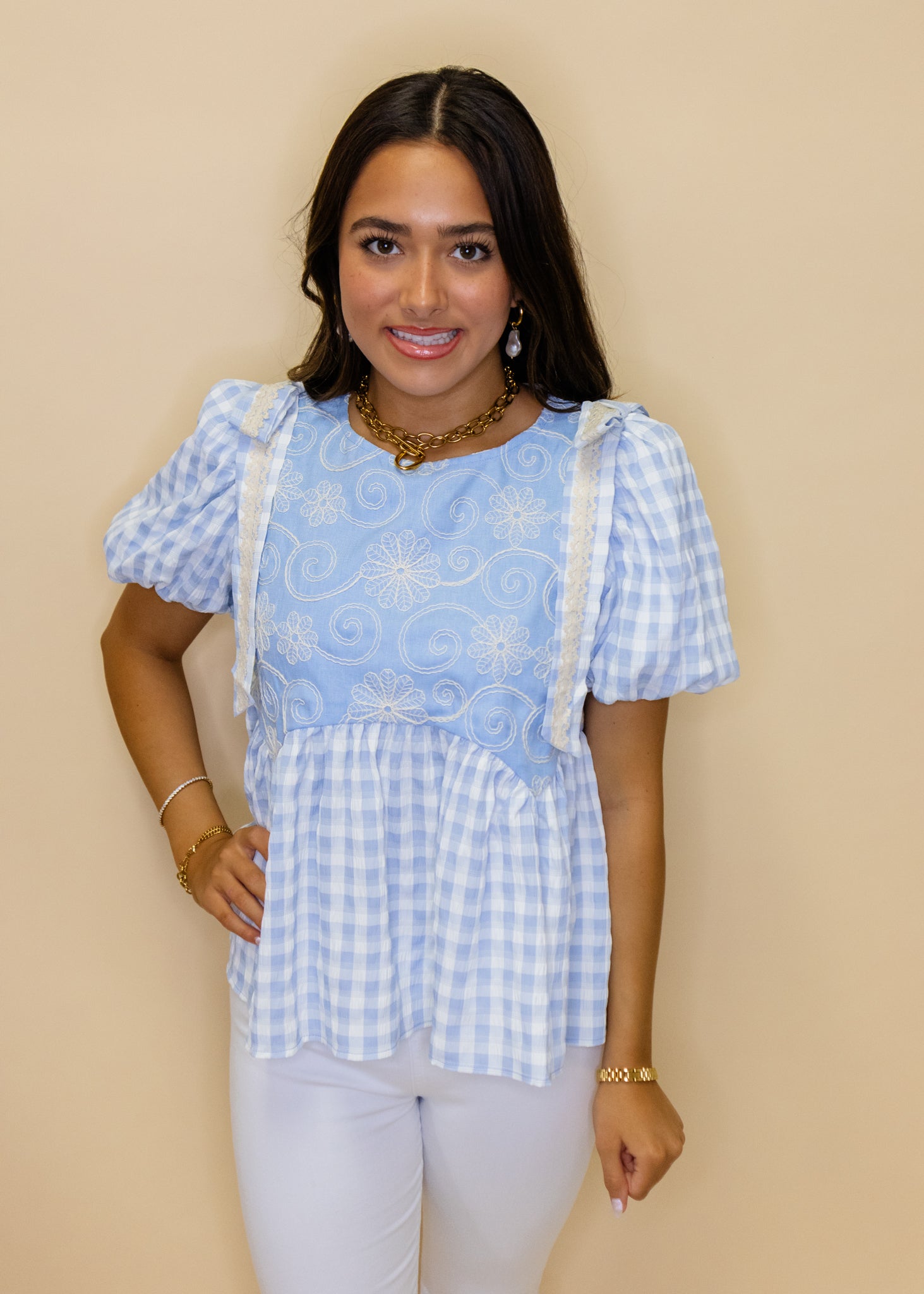 Blue Embroidery Detail Baby Doll Blouse